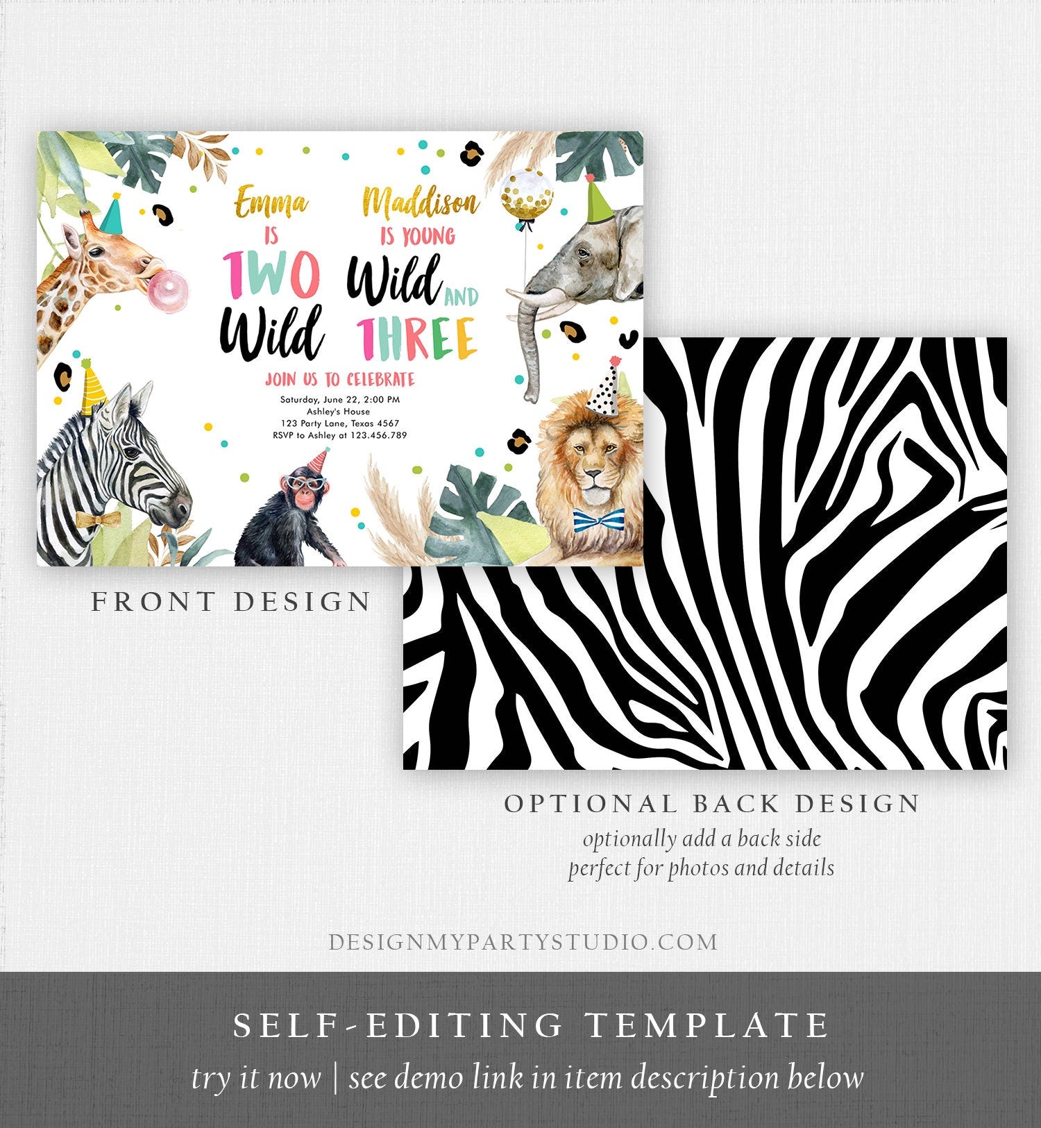 Editable Two Wild Young Wild and Three Invitation Girl Pink and Gold Safari Animals Zoo Joint Coed Digital Download Template Printable 0417