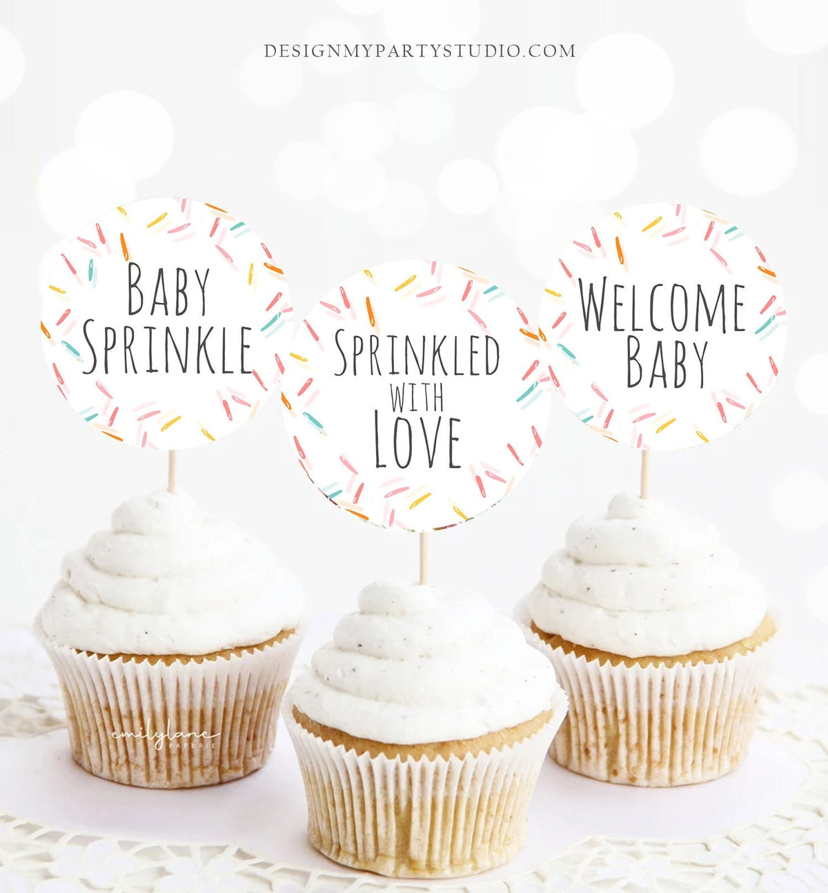 Baby Sprinkle Cupcake Toppers Favor Tags Baby Sprinkle Decoration Rainbow Gender Neutral Stickers Round Tag Download Digital PRINTABLE 0216