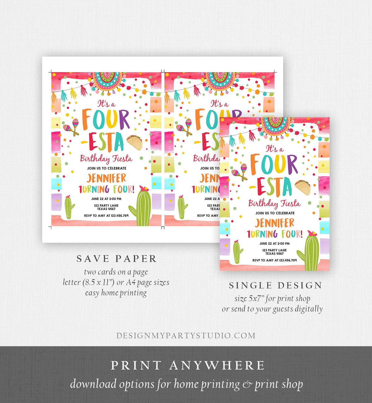 Editable Four-Esta Fiesta Birthday Invitation 4th Birthday Four Cactus Fourth Mexican Boy Girl Cactus Download Corjl Template Printable 0134