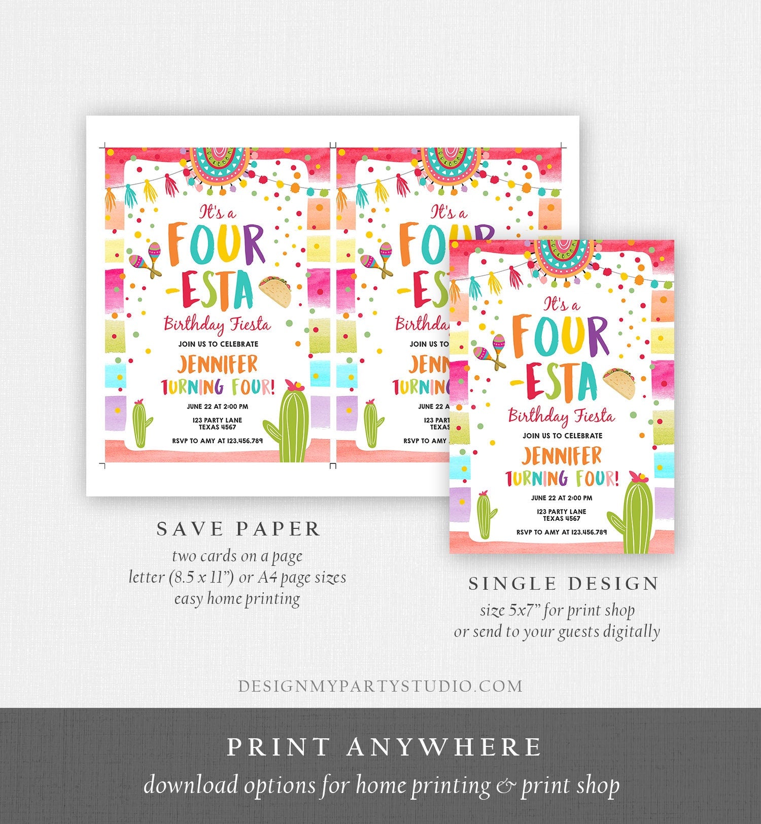 Editable Four-Esta Fiesta Birthday Invitation 4th Birthday Four Cactus Fourth Mexican Boy Girl Cactus Download Corjl Template Printable 0134