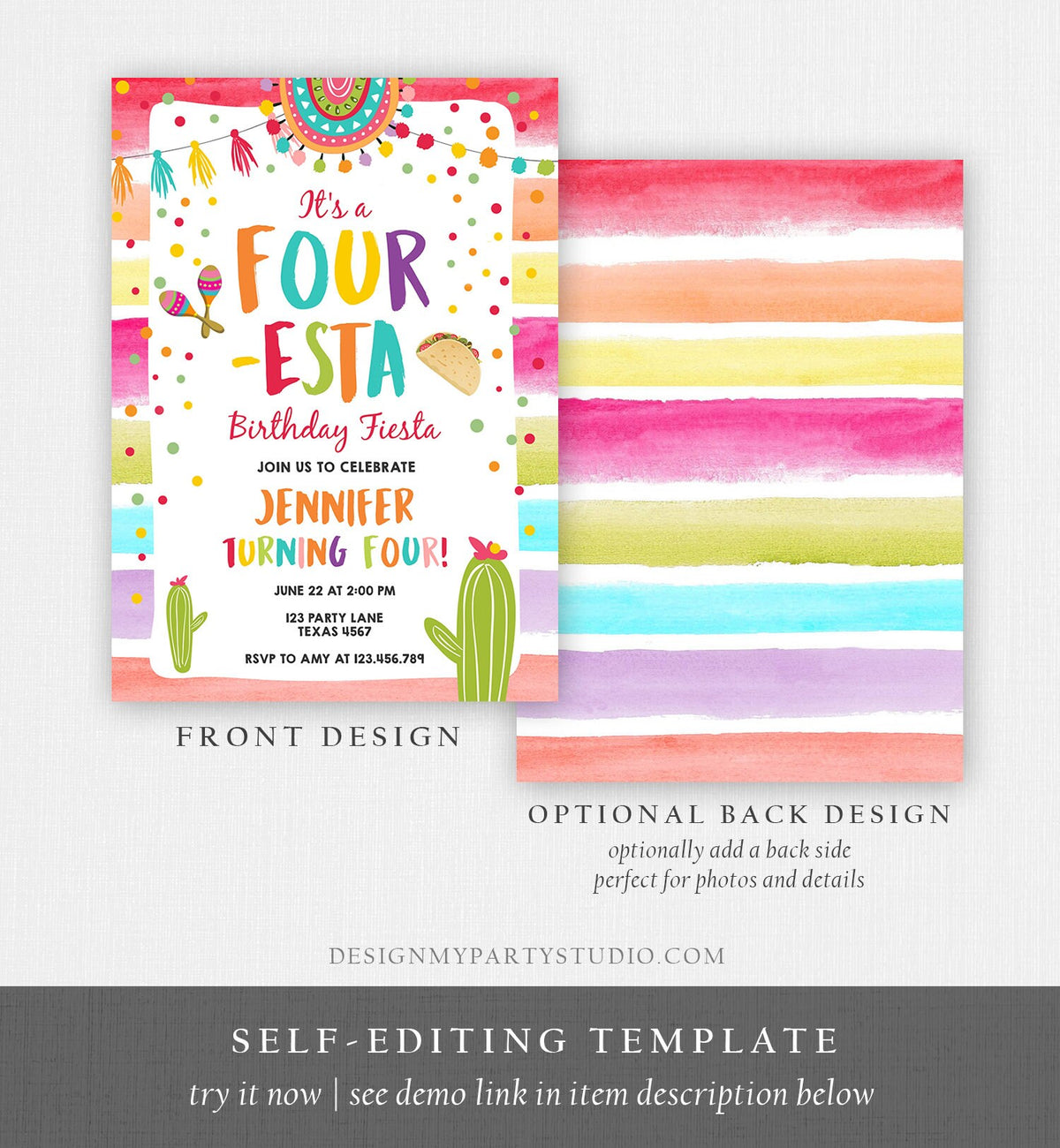 Editable Four-Esta Fiesta Birthday Invitation 4th Birthday Four Cactus Fourth Mexican Boy Girl Cactus Download Corjl Template Printable 0134