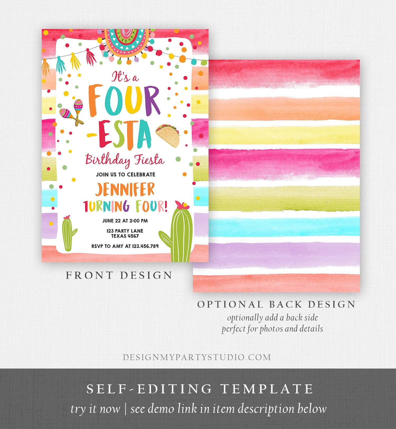 Editable Four-Esta Fiesta Birthday Invitation 4th Birthday Four Cactus Fourth Mexican Boy Girl Cactus Download Corjl Template Printable 0134