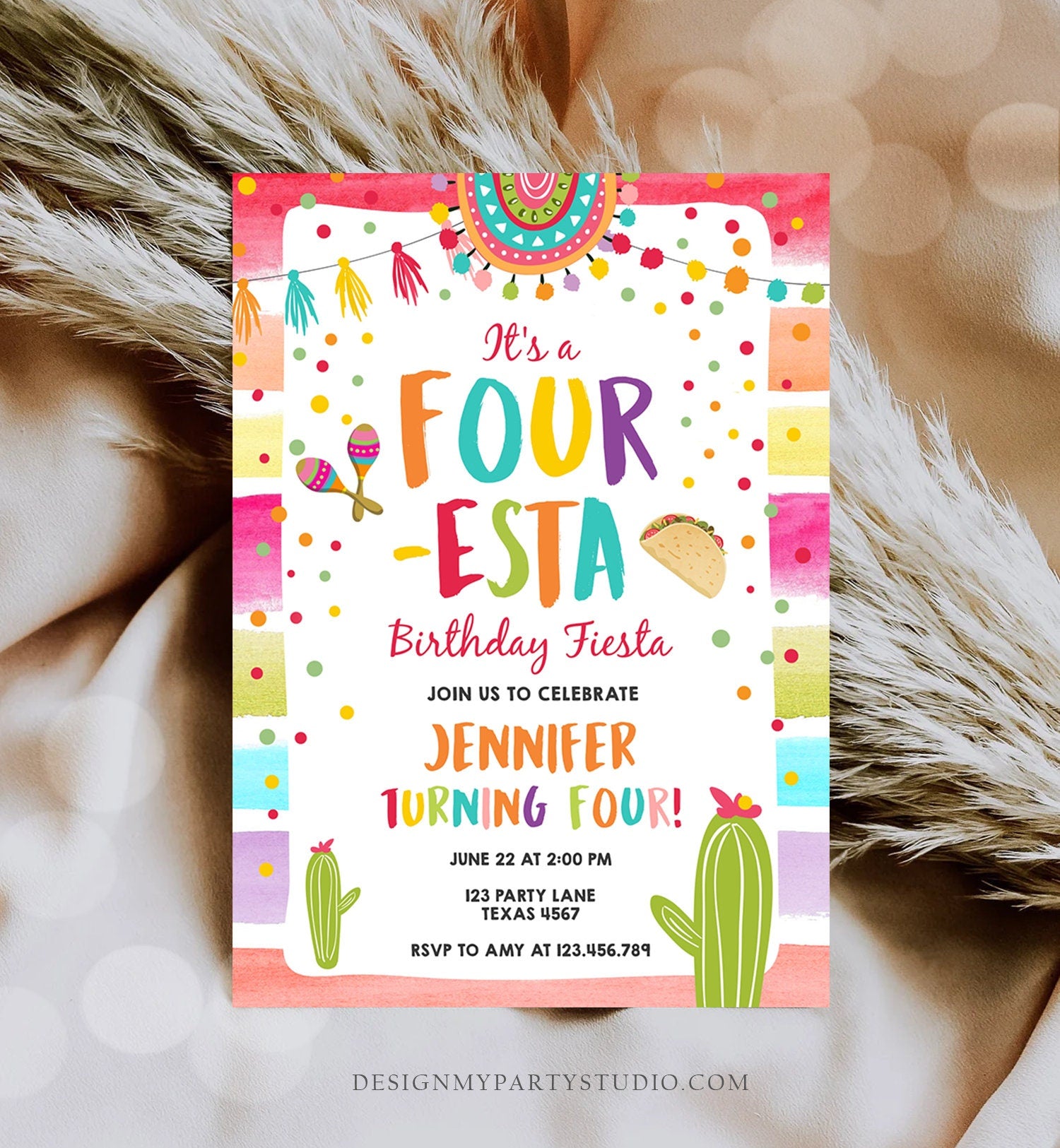 Editable Four-Esta Fiesta Birthday Invitation 4th Birthday Four Cactus Fourth Mexican Boy Girl Cactus Download Corjl Template Printable 0134
