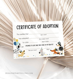 Pet Adoption Certificate Puppy Adoption Dog Birthday Party Boy Blue Adopt A Pet Vet Puppy Adoption Instant Download Digital PRINTABLE 0429