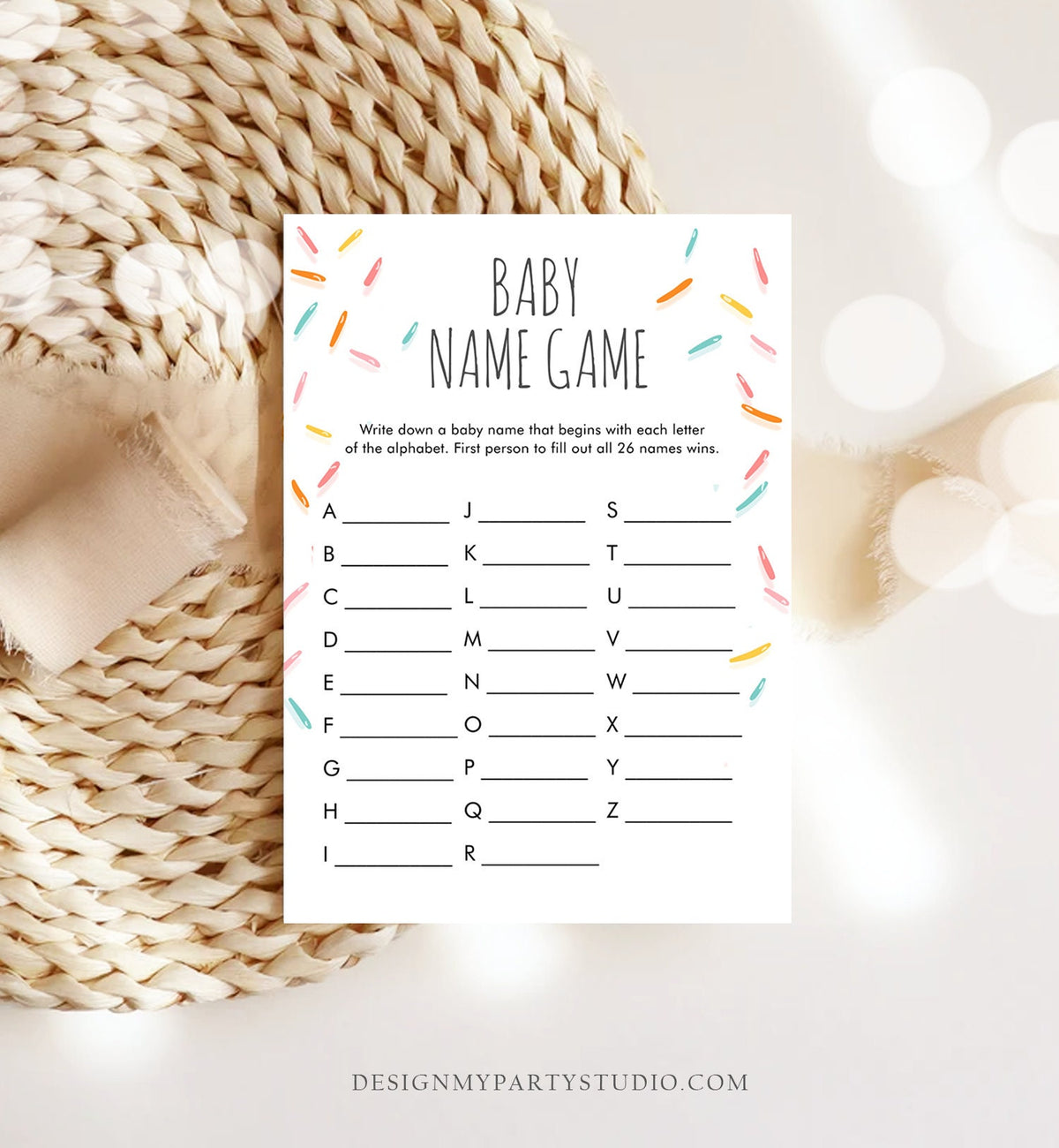 Editable Baby Name Race Baby Sprinkle Game Baby Name Game Baby Shower Gender Neutral Sprinkles Rainbow A to Z Corjl Template Printable 0216