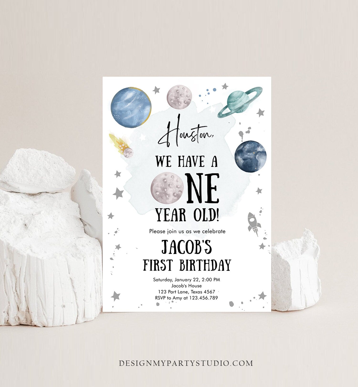 Editable Outer Space First Birthday Invitation Galaxy Houston Trip Around the Sun One Silver Download Printable Template Digital Corjl 0357