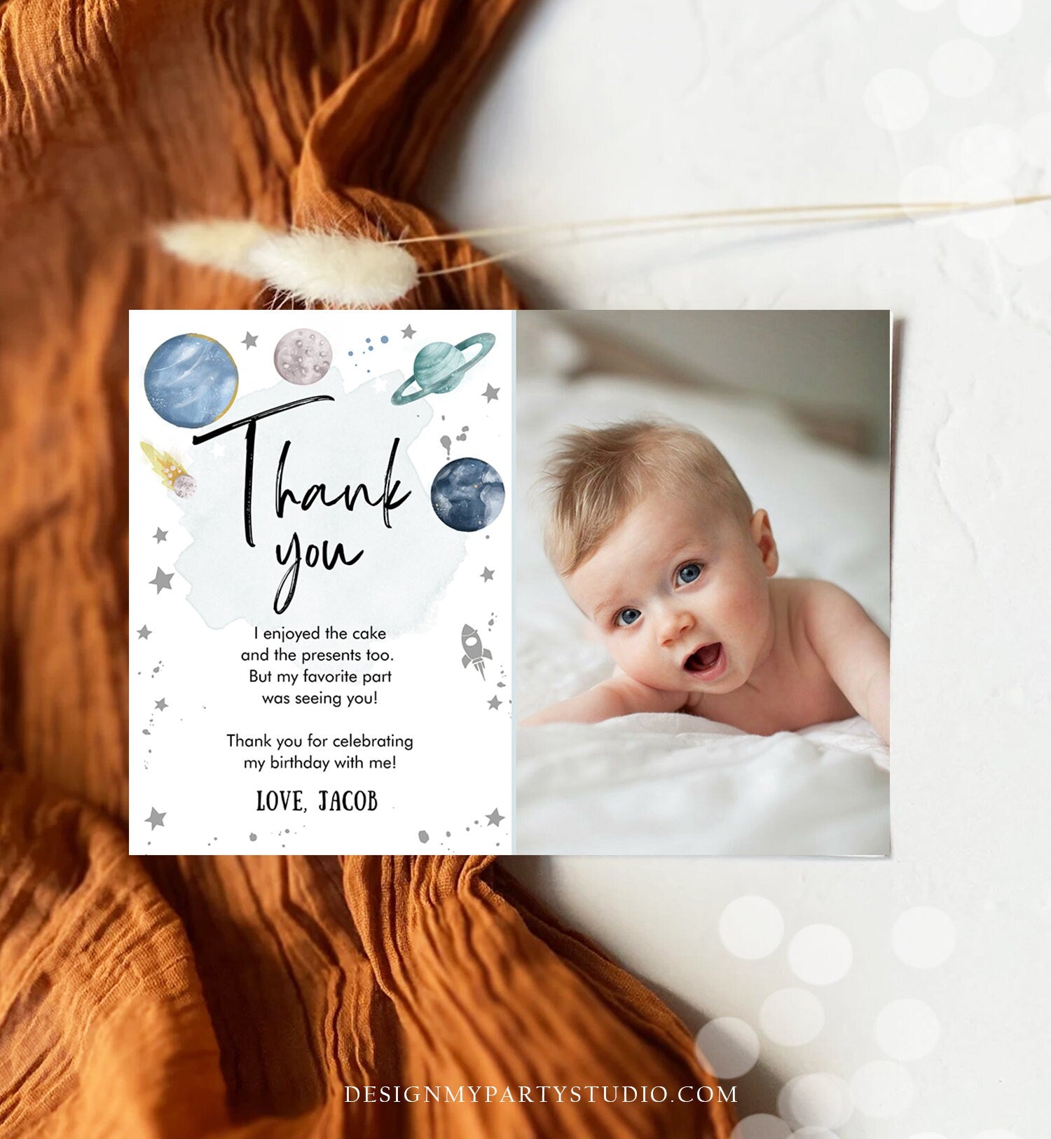 Editable Space Birthday Thank You Card Space Astronaut To the Moon Galaxy Thank You Note Planet Digital Download Template Printable 0357