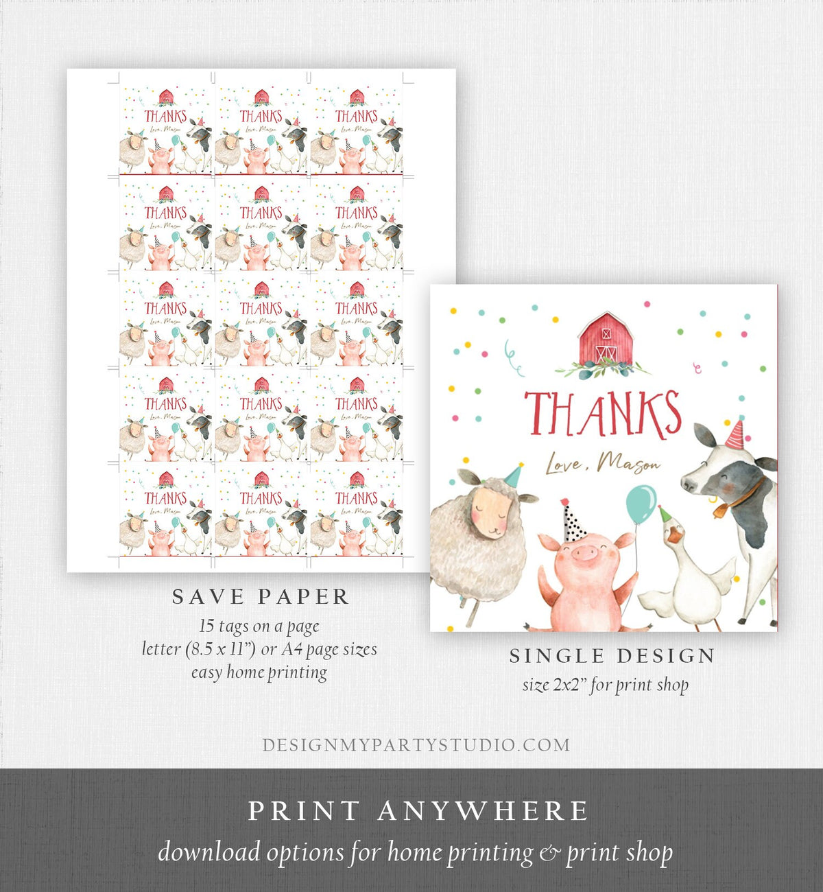 Editable Farm Animals Thank You Tags Boy Birthday Red Barn Barnyard Stickers Farm Birthday Decor Favor Tags Cow Confetti Template Corjl 0155