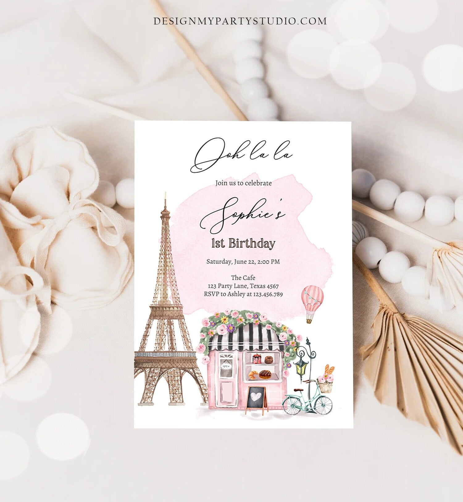 Editable Paris Birthday Invitation French Patisserie Parisian Cafe French Birthday Floral Tea Party Printable Template Corjl Digital 0441