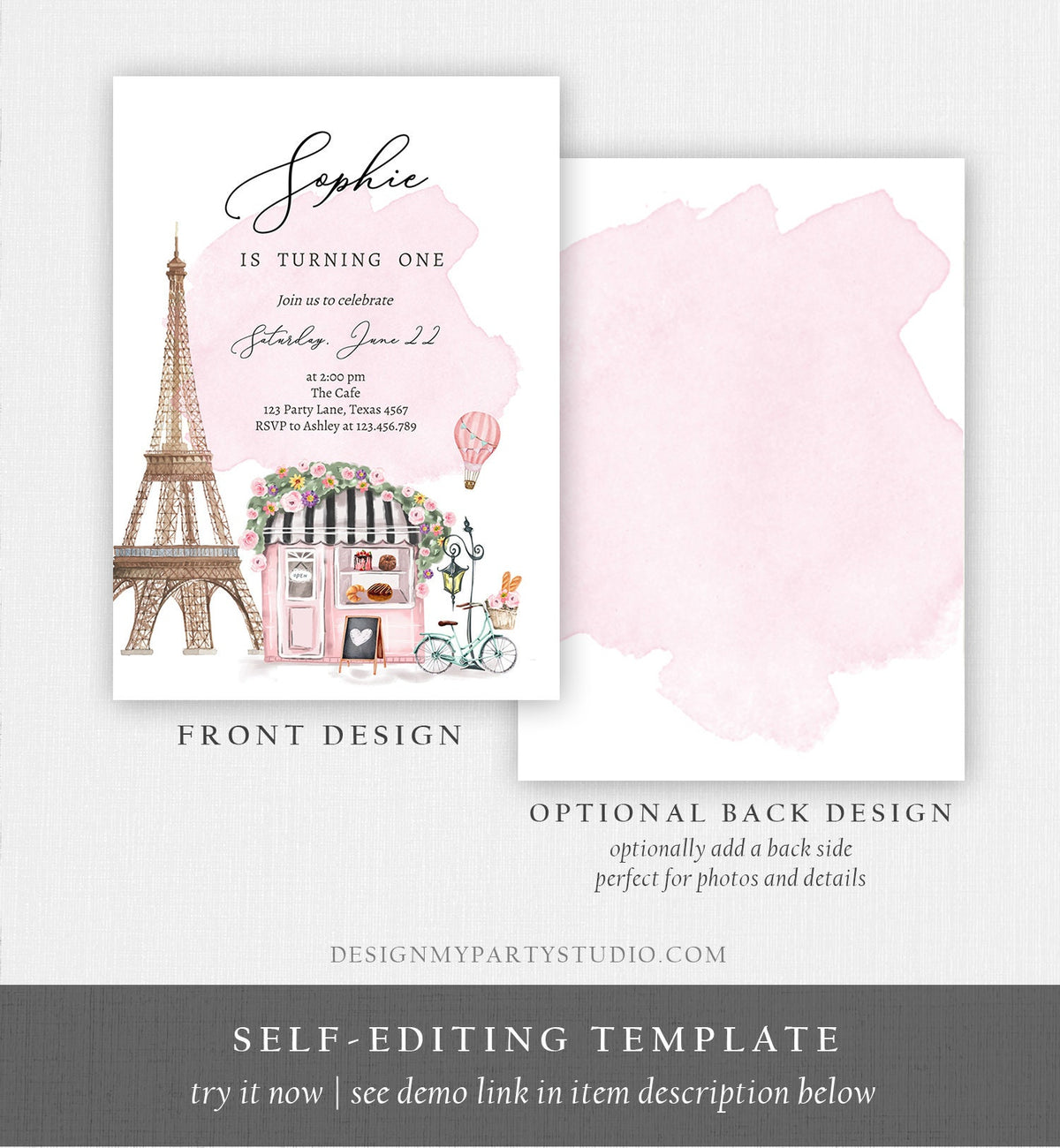 Editable Paris Birthday Invitation French Patisserie Parisian Cafe French Birthday Floral Tea Party Printable Template Corjl Digital 0441