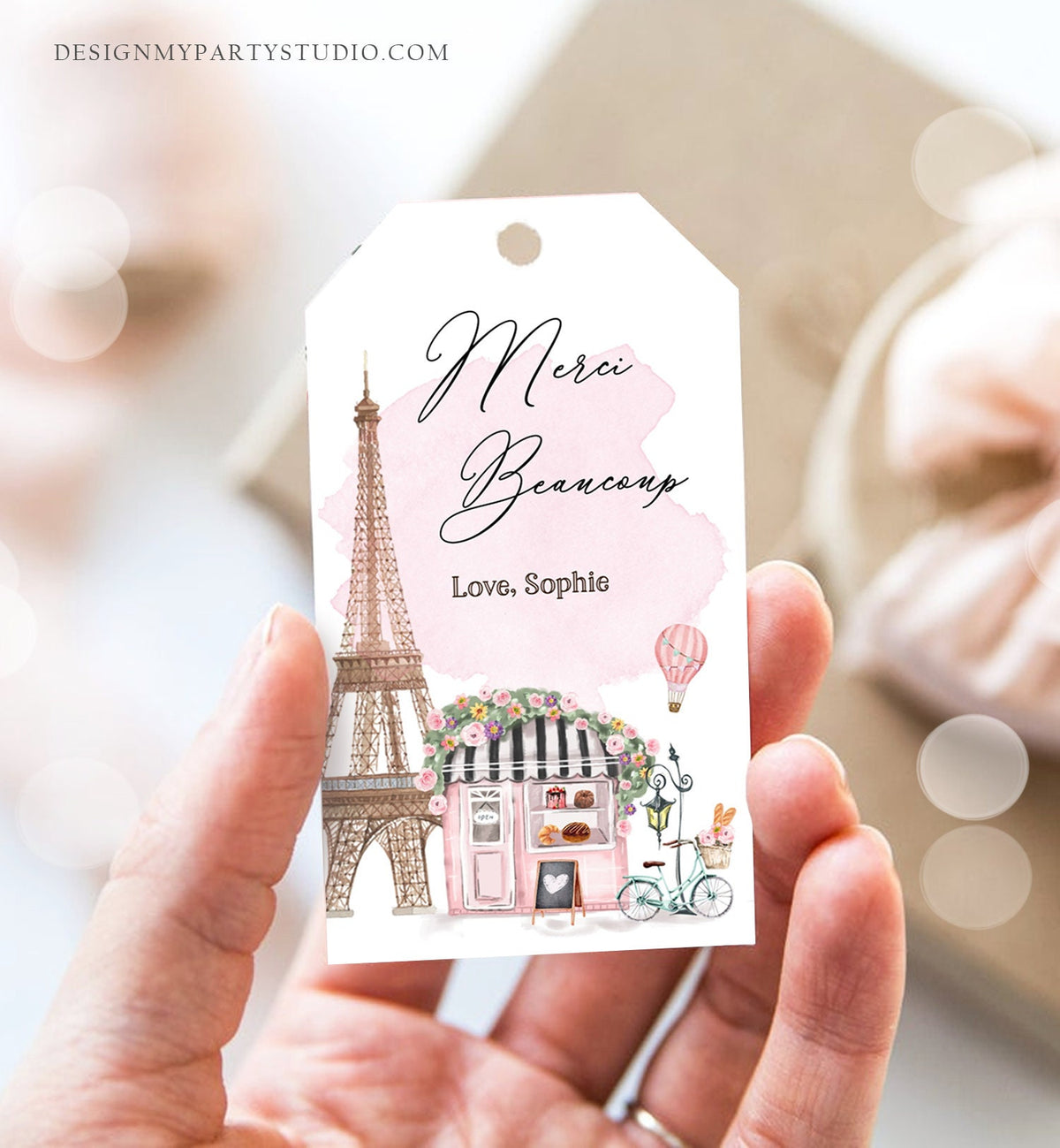 Editable Paris Birthday Favor Tag Merci Beaucoup French Patisserie Parisian Cafe French Baby Shower Gift Tag Digital Corjl Template 0441