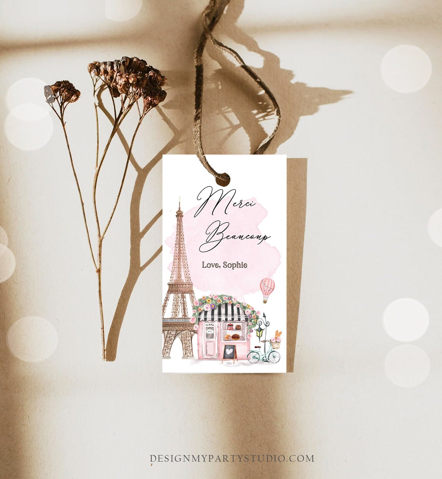 Editable Paris Birthday Favor Tag Merci Beaucoup French Patisserie Parisian Cafe French Baby Shower Gift Tag Digital Corjl Template 0441