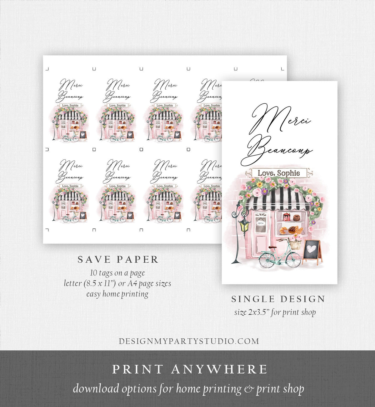 Editable Paris Birthday Favor Tag Merci Beaucoup French Patisserie Parisian Cafe French Baby Shower Gift Tag Digital Corjl Template 0441