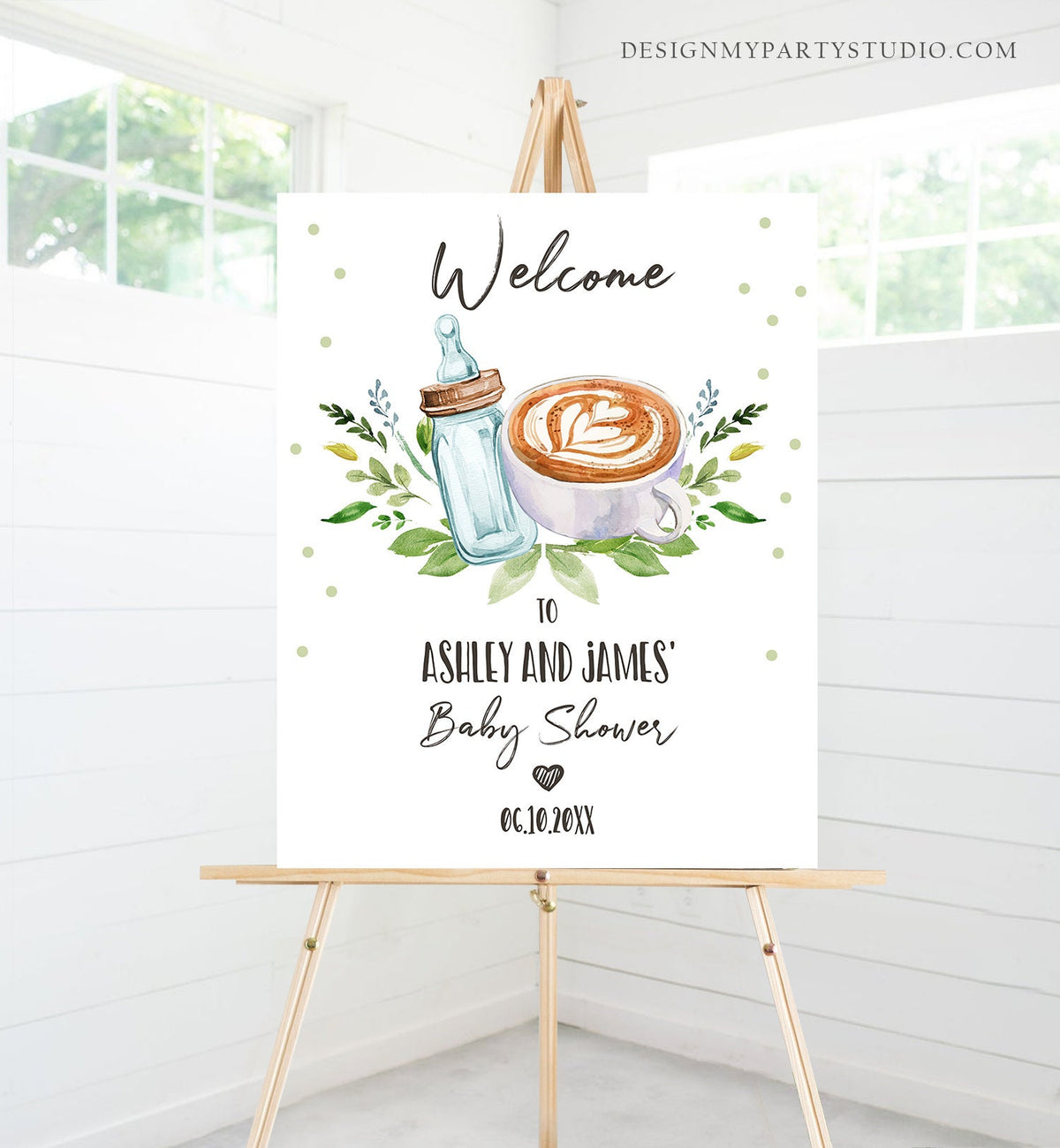 Editable A Baby is Brewing Welcome Sign Brewing Baby Shower Bottle and Beers Coed Couples Cappuccino Coffee Neutral Corjl Template 0190