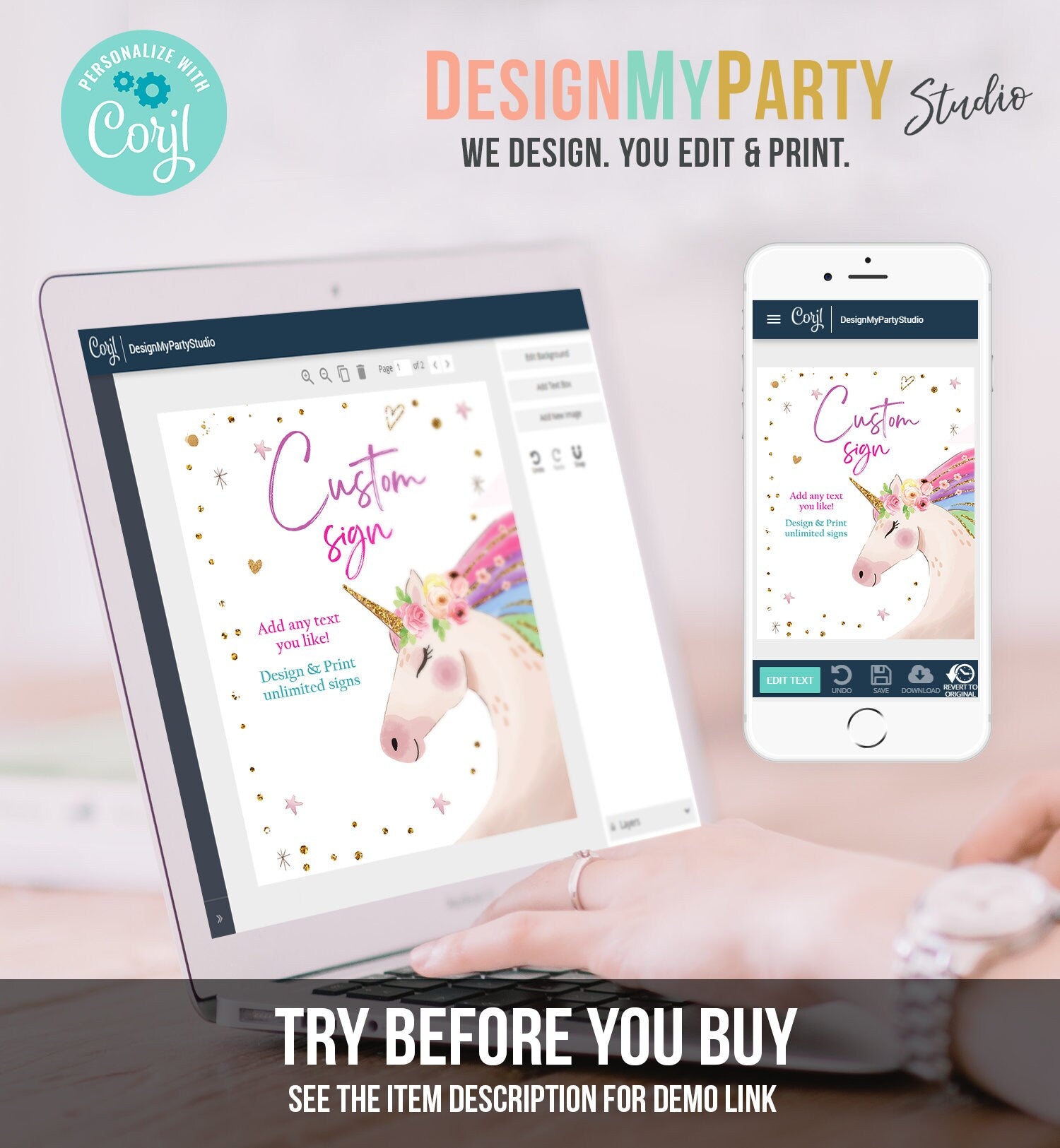 Editable Custom Sign Unicorn Birthday Magical Unicorn Party Decor Girl Pink Pastel Unicorn Party Signs 8x10 Download PRINTABLE Corjl 0411