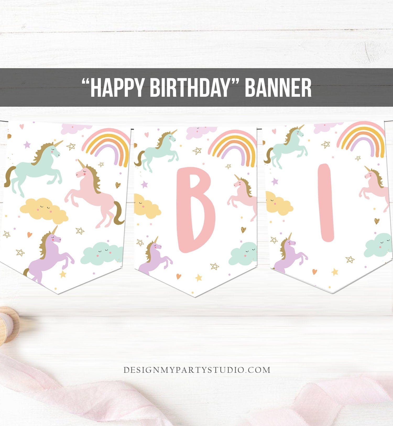 Happy Birthday Banner Unicorn Birthday Banner Magical Birthday Decorations Girl Pink Pastel Rainbow Download PRINTABLE DIGITAL DIY 0426