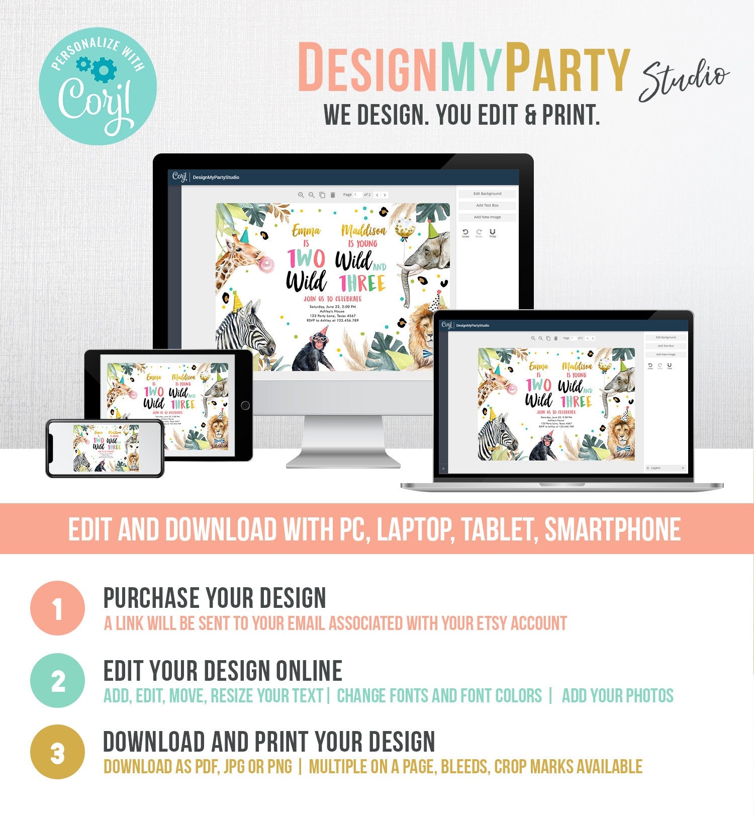 Editable Two Wild Young Wild and Three Invitation Girl Pink and Gold Safari Animals Zoo Joint Coed Digital Download Template Printable 0417