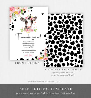 Editable Cow Thank You Card Birthday Girl Farm Animals Pink Floral Barnyard Party Holy Cow Party 1st Download Printable Template Corjl 0434