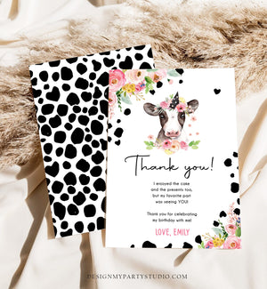 Editable Cow Thank You Card Birthday Girl Farm Animals Pink Floral Barnyard Party Holy Cow Party 1st Download Printable Template Corjl 0434