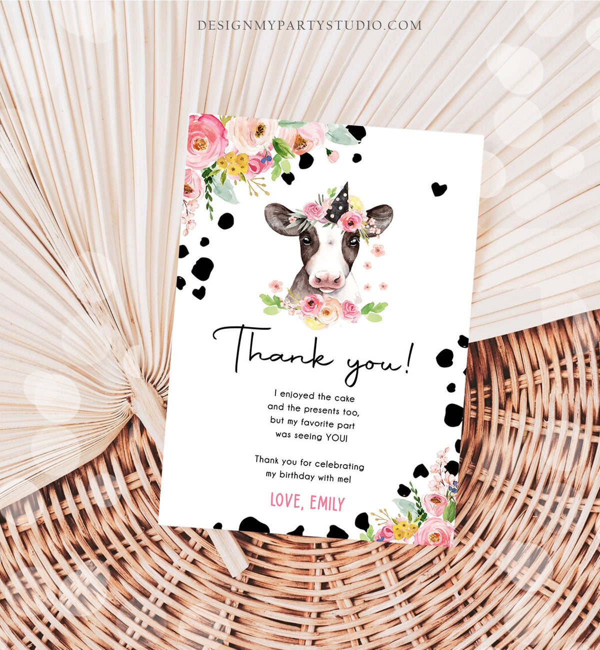 Editable Cow Thank You Card Birthday Girl Farm Animals Pink Floral Barnyard Party Holy Cow Party 1st Download Printable Template Corjl 0434