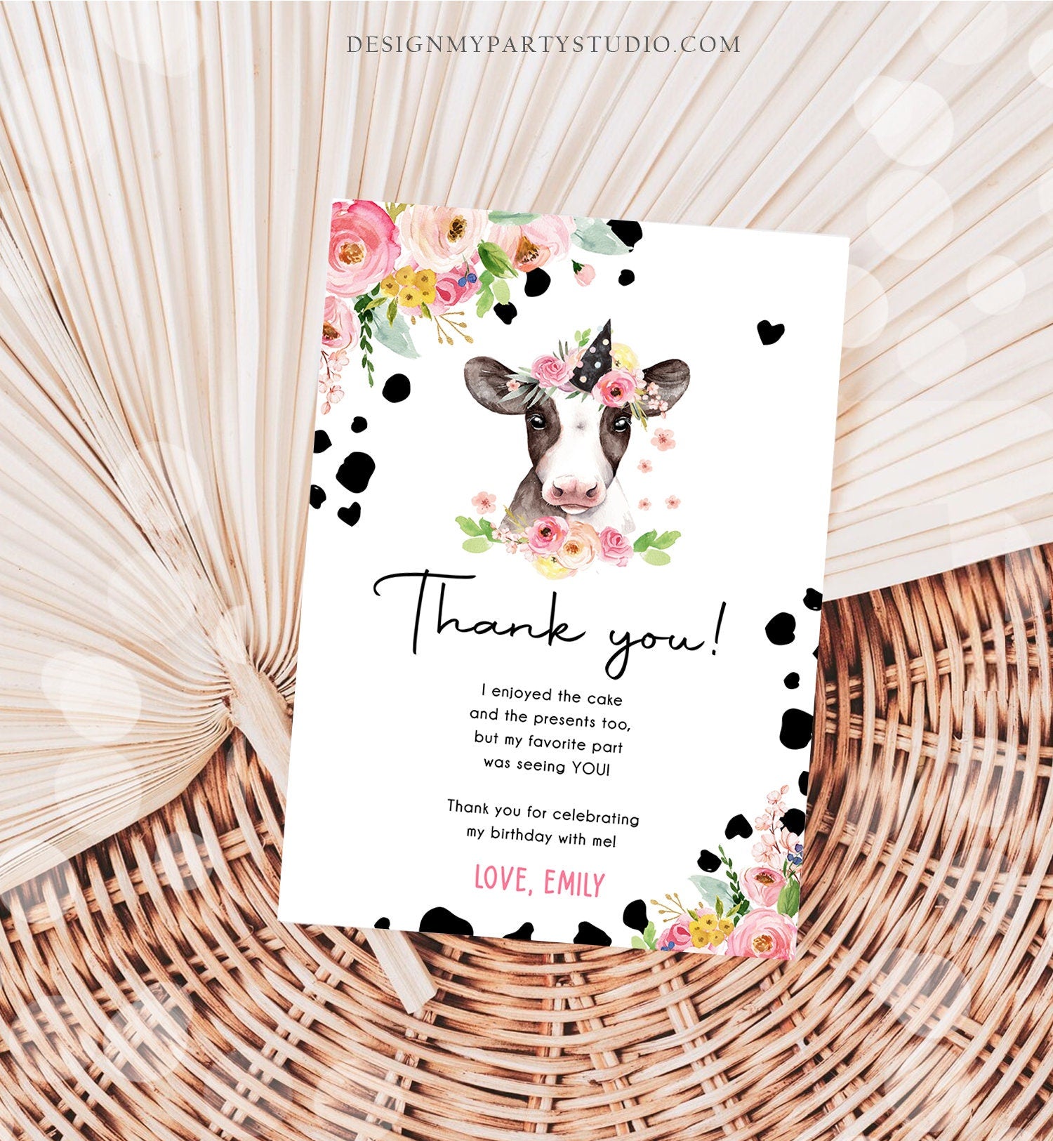 Editable Cow Thank You Card Birthday Girl Farm Animals Pink Floral Barnyard Party Holy Cow Party 1st Download Printable Template Corjl 0434