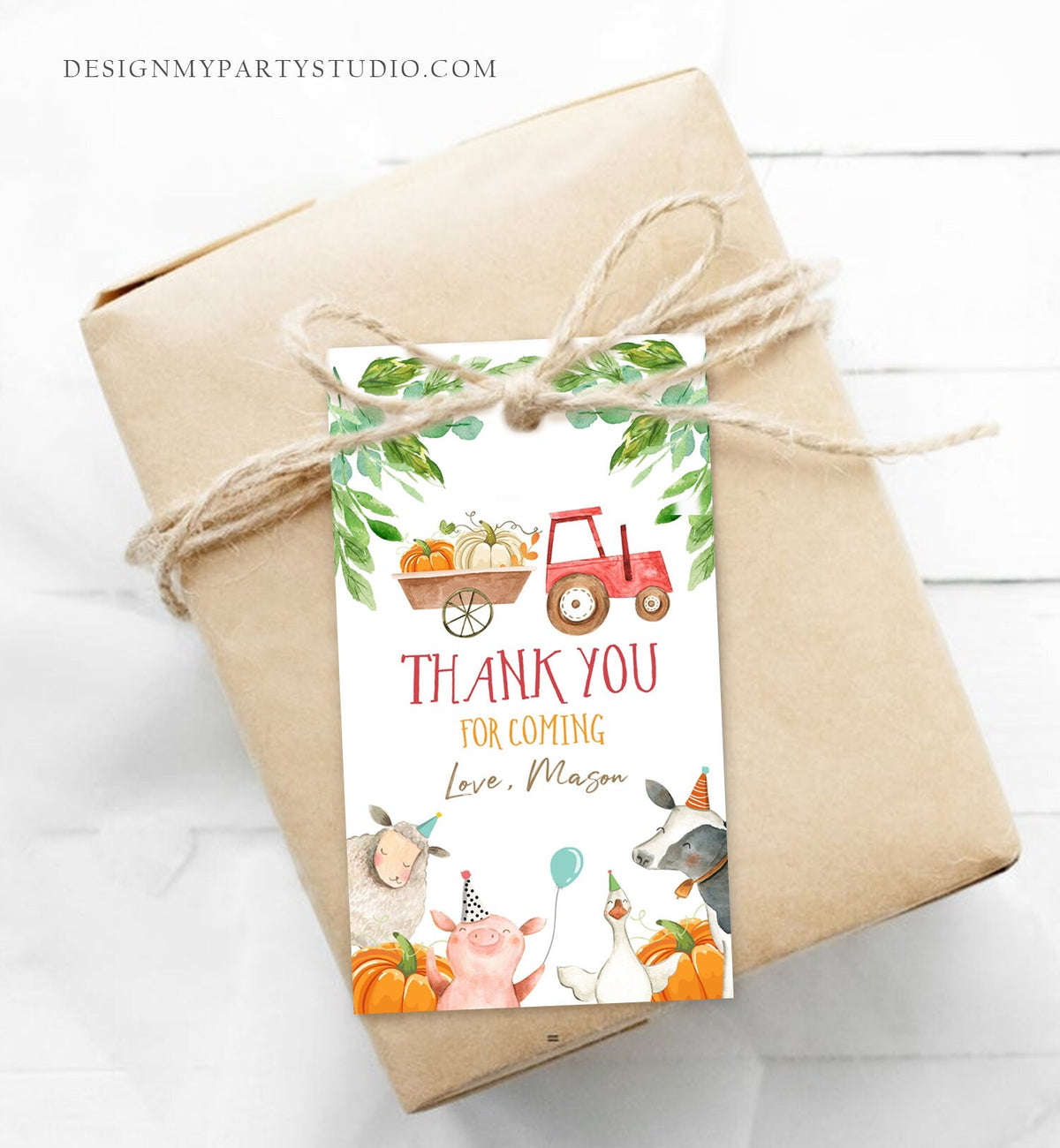 Editable Pumpkin Farm Favor Tags Tags Boy Red Tractor Birthday Thank You Barnyard Fall Gift Tags Farm Birthday Template PRINTABLE Corjl 0155