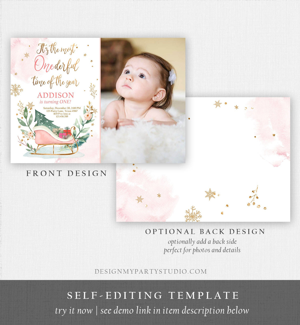 Editable Most Onederful Time of The Year 1st Birthday Invitation Winter Christmas Party Sleigh Trees Girl Digital Template Printable 0353