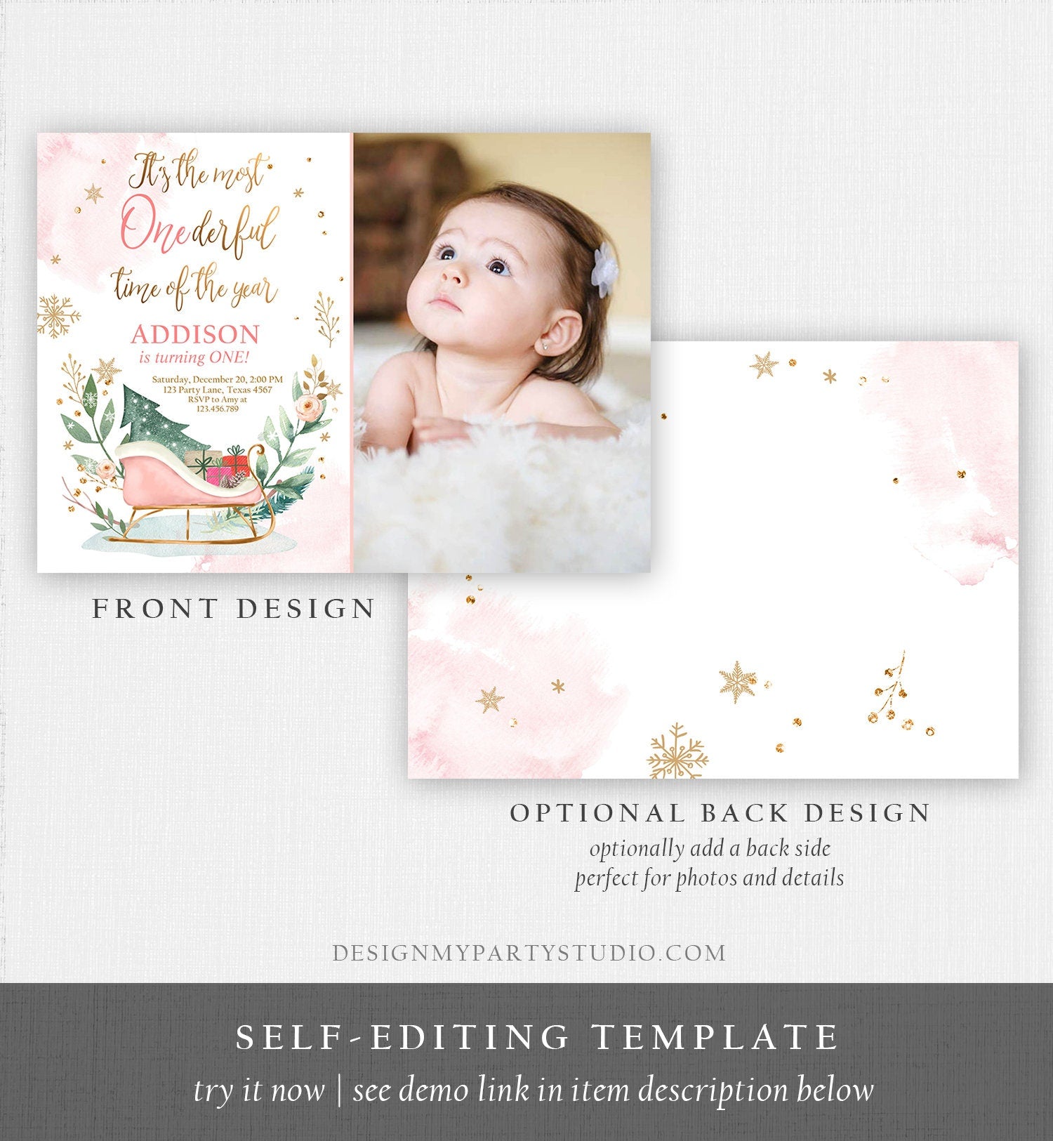 Editable Most Onederful Time of The Year 1st Birthday Invitation Winter Christmas Party Sleigh Trees Girl Digital Template Printable 0353