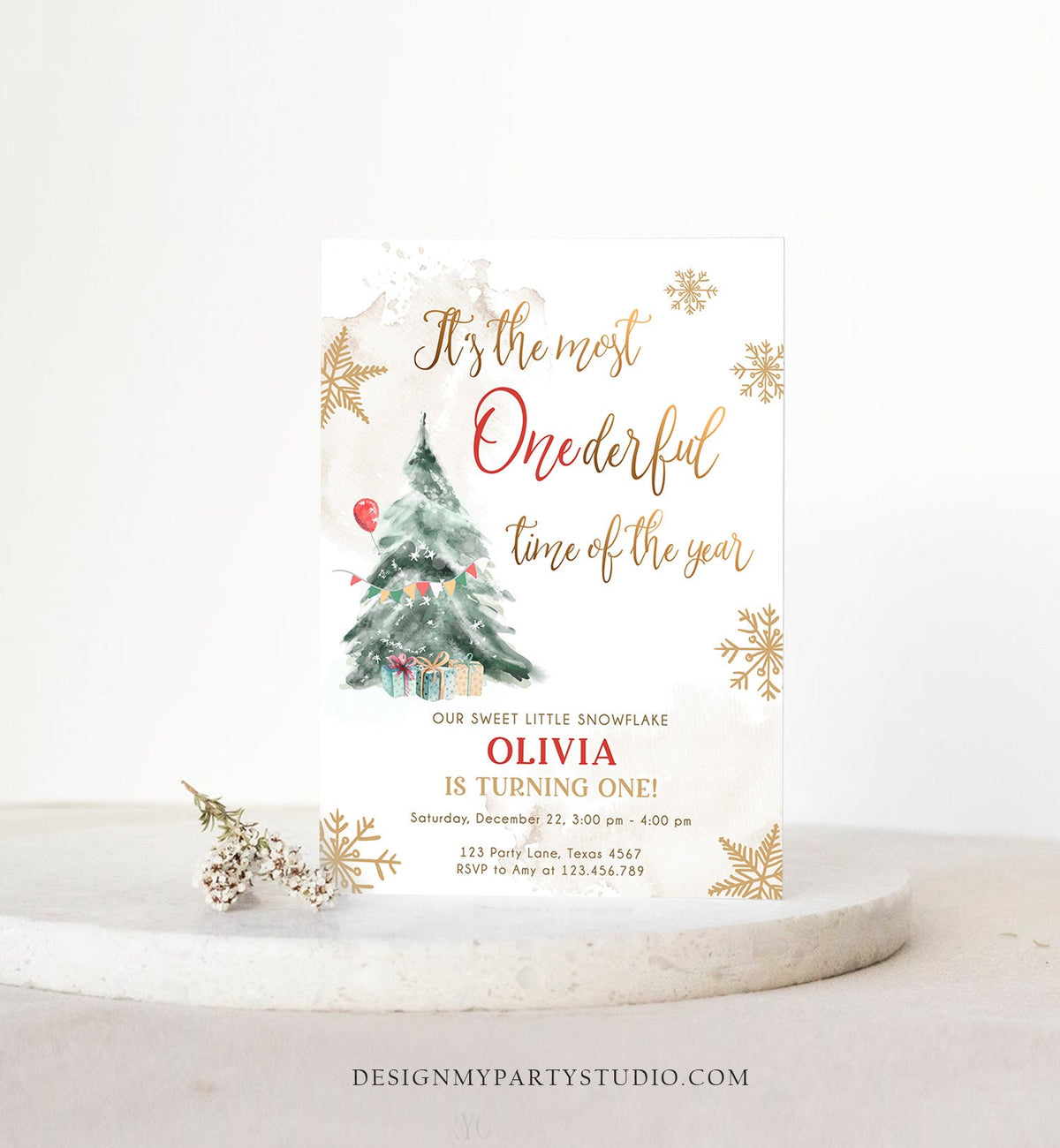 Editable Winter ONEderland Birthday Invitation First Birthday 1st Most Onederful Time Red Gold Tree Christmas Snowflake Corjl Template 0363