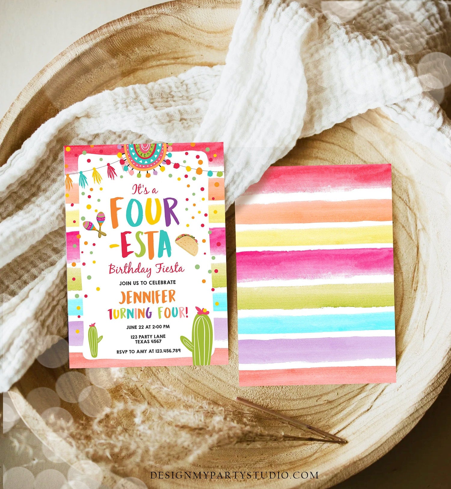 Editable Four-Esta Fiesta Birthday Invitation 4th Birthday Four Cactus Fourth Mexican Boy Girl Cactus Download Corjl Template Printable 0134