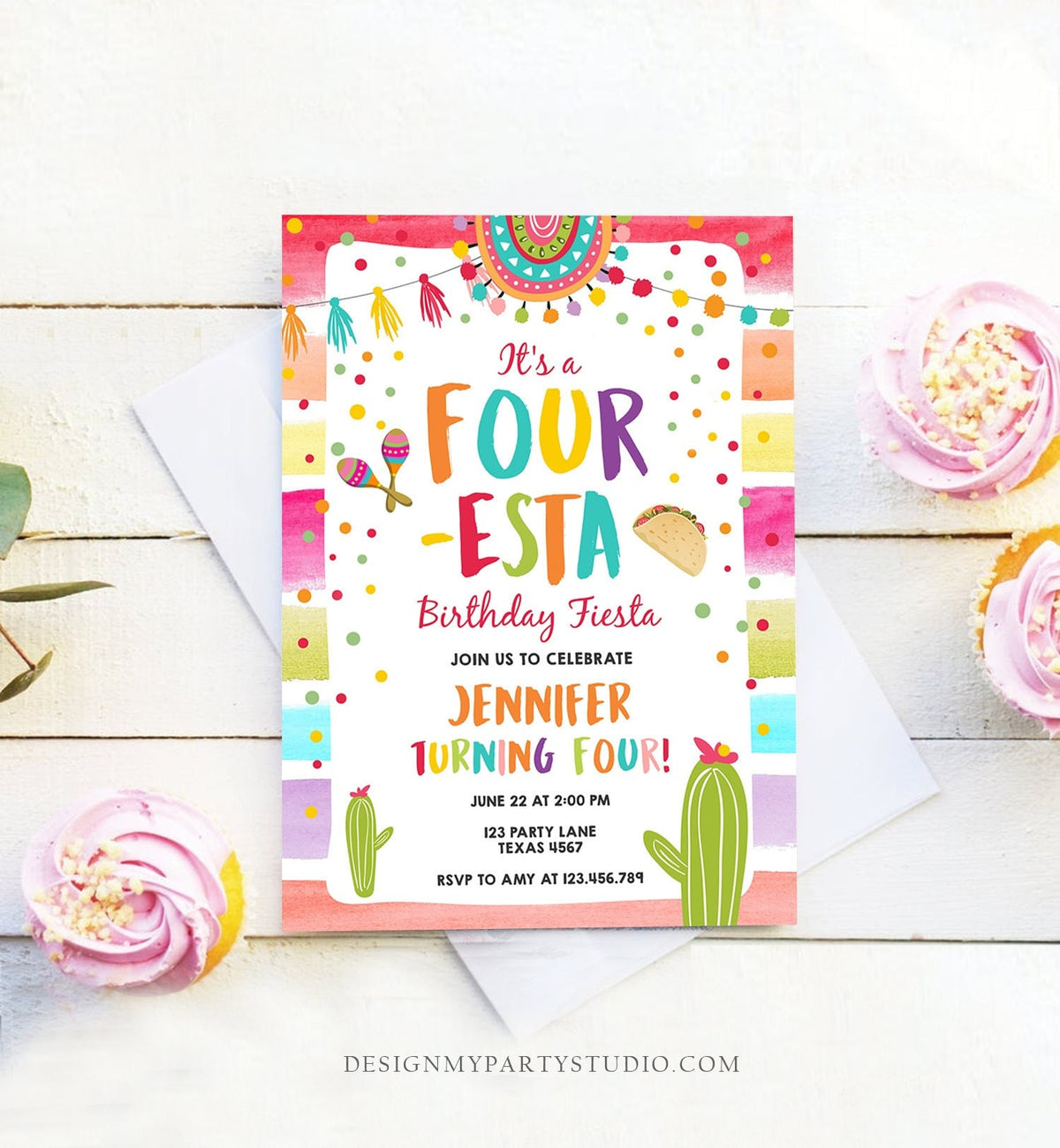Editable Four-Esta Fiesta Birthday Invitation 4th Birthday Four Cactus Fourth Mexican Boy Girl Cactus Download Corjl Template Printable 0134