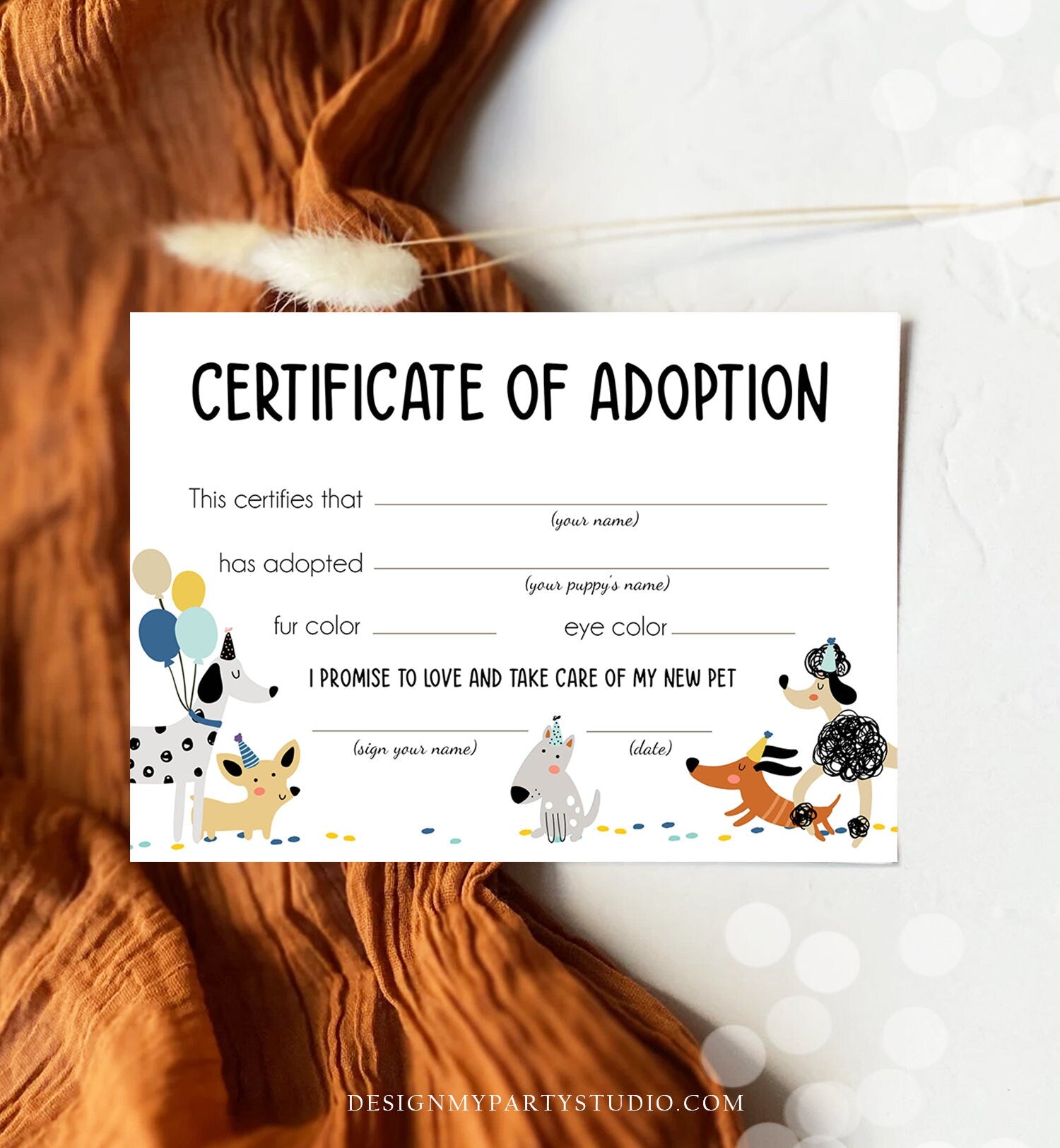 Pet Adoption Certificate Puppy Adoption Dog Birthday Party Boy Blue Adopt A Pet Vet Puppy Adoption Instant Download Digital PRINTABLE 0429