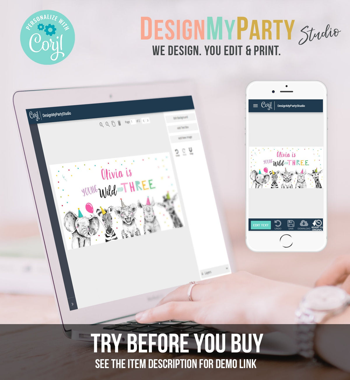 Editable Party Animals Gable Box Label Safari Animals 3rd Birthday Gift Box Labels Young Wild and Three Girl Download Printable Corjl 0390