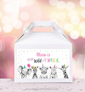 Editable Party Animals Gable Box Label Safari Animals 3rd Birthday Gift Box Labels Young Wild and Three Girl Download Printable Corjl 0390