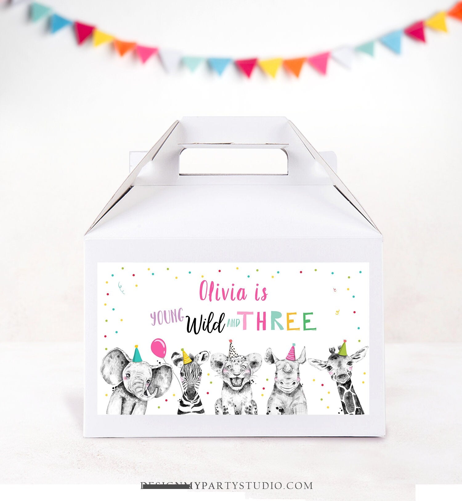 Editable Party Animals Gable Box Label Safari Animals 3rd Birthday Gift Box Labels Young Wild and Three Girl Download Printable Corjl 0390