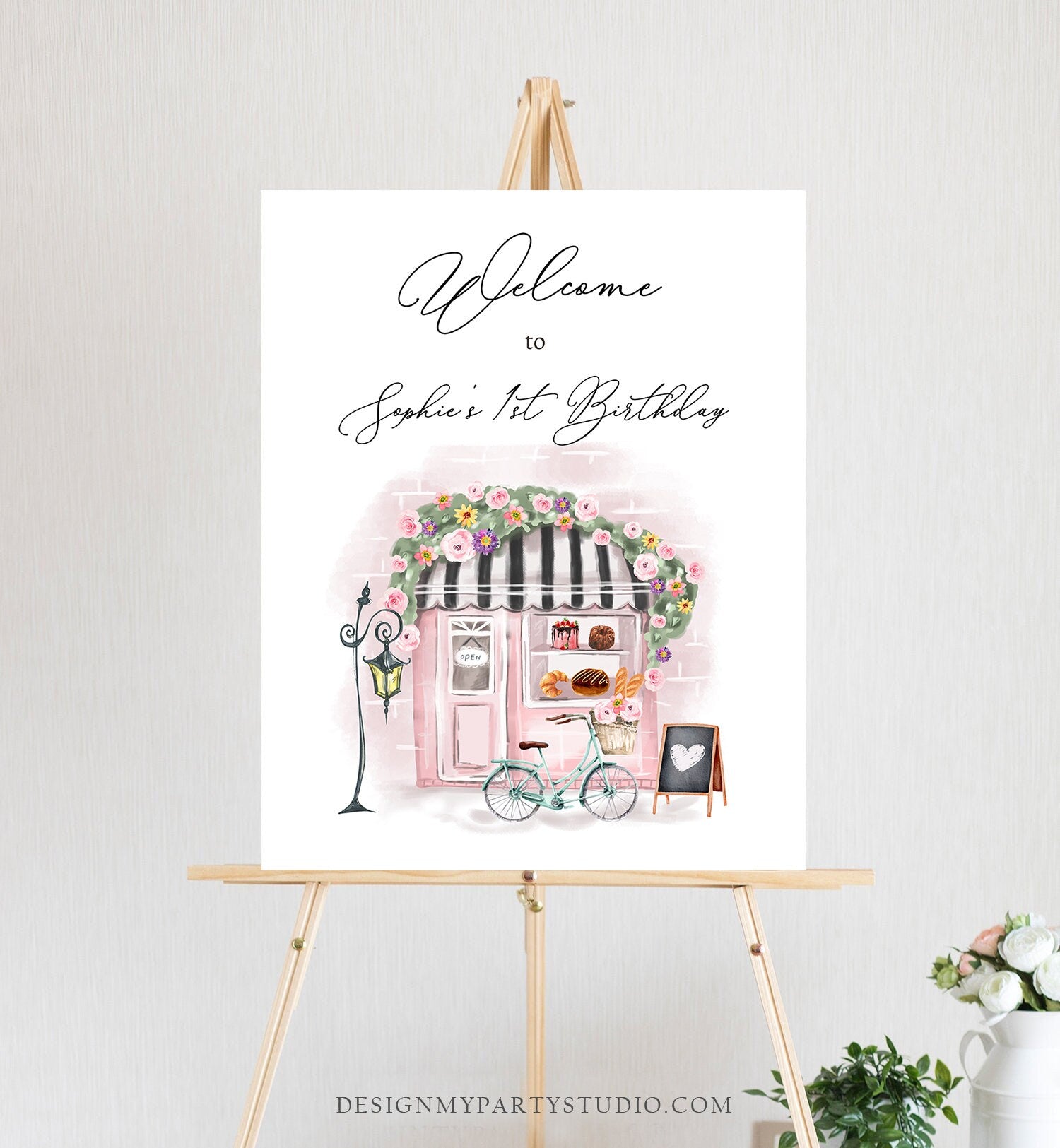 Editable French Birthday Welcome Sign Patisserie Tea Party Birthday Floral Pink France Paris Party Parisian Digital Template Printable 0441