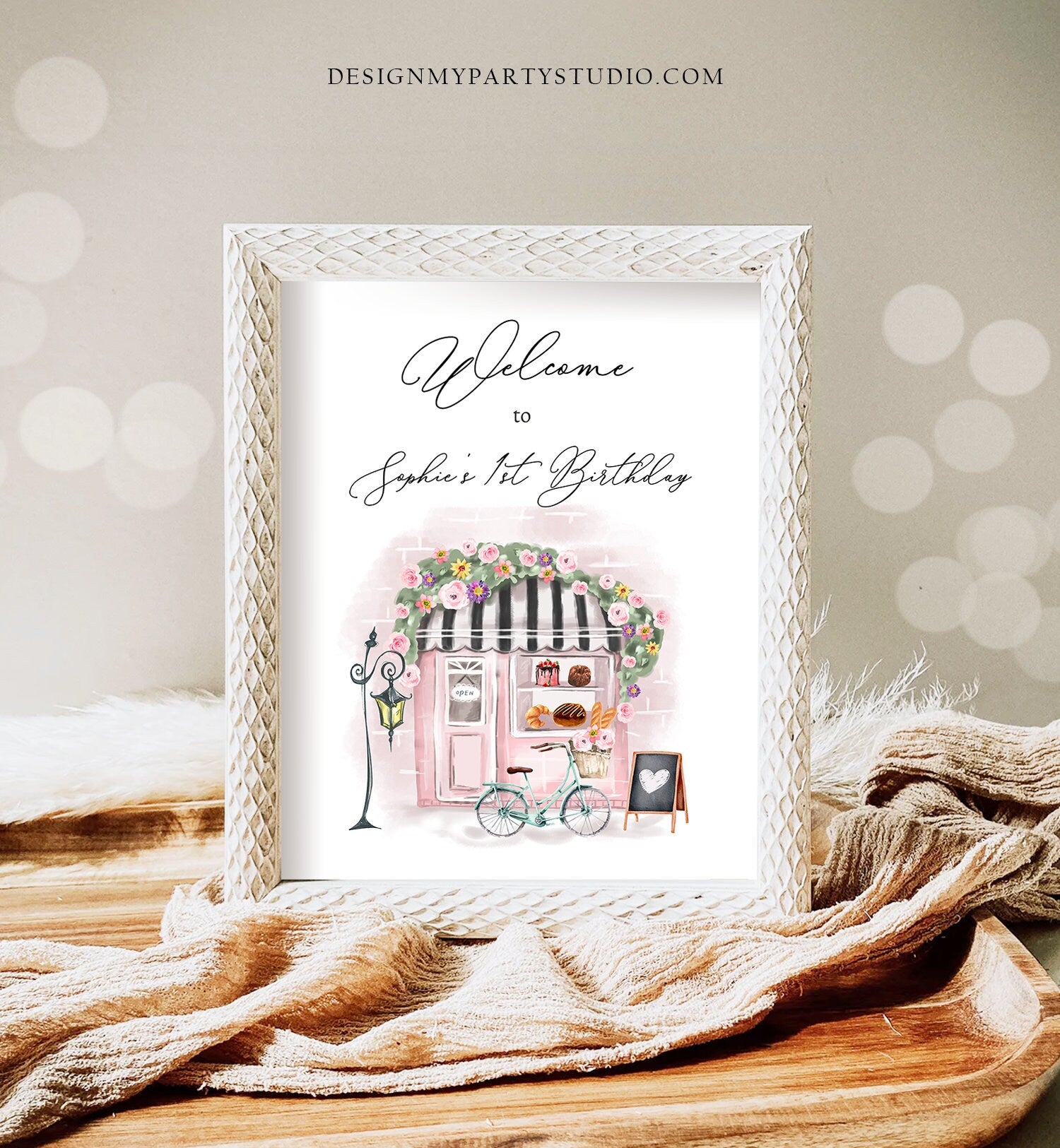 Editable French Birthday Welcome Sign Patisserie Tea Party Birthday Floral Pink France Paris Party Parisian Digital Template Printable 0441