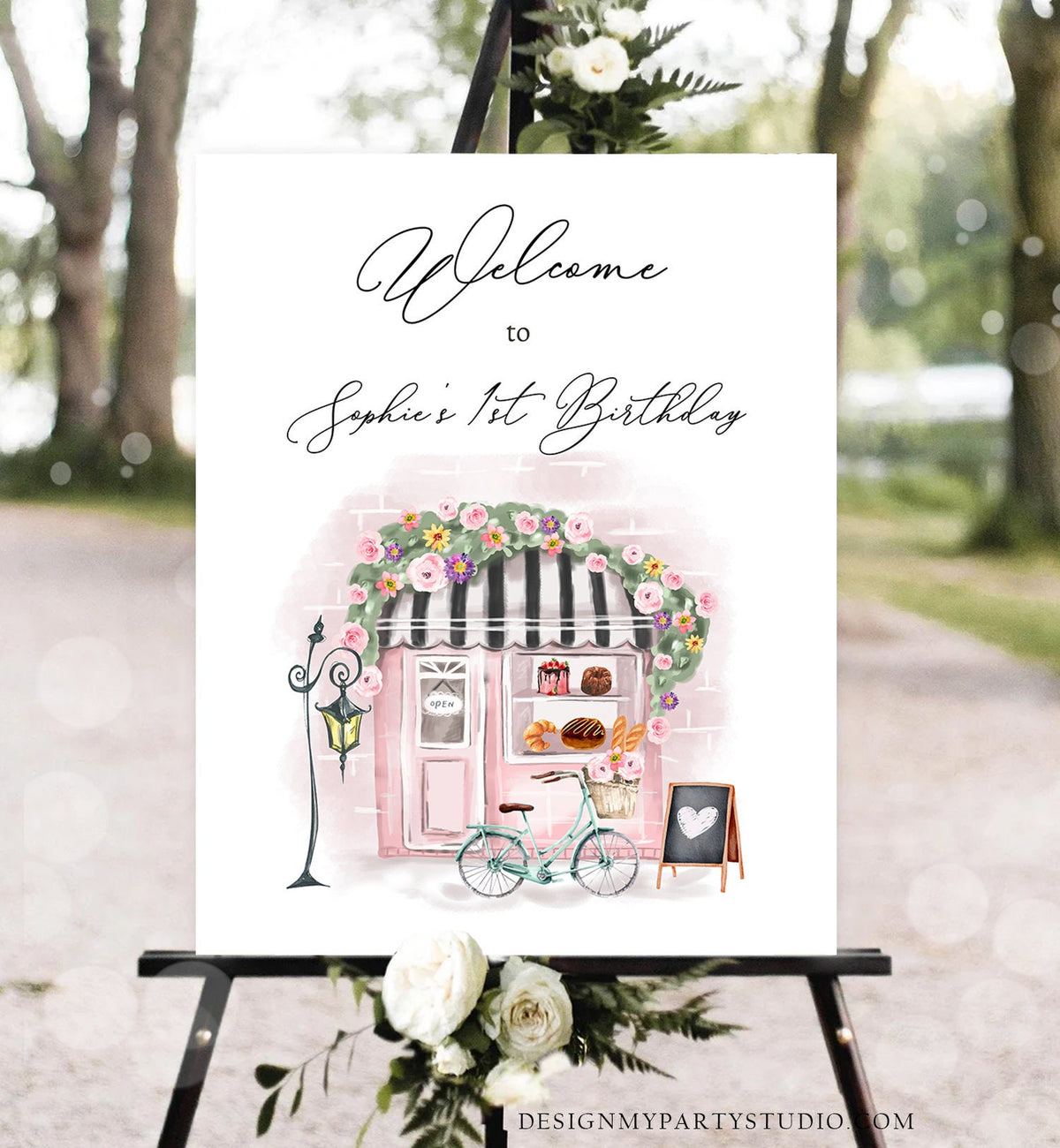 Editable French Birthday Welcome Sign Patisserie Tea Party Birthday Floral Pink France Paris Party Parisian Digital Template Printable 0441