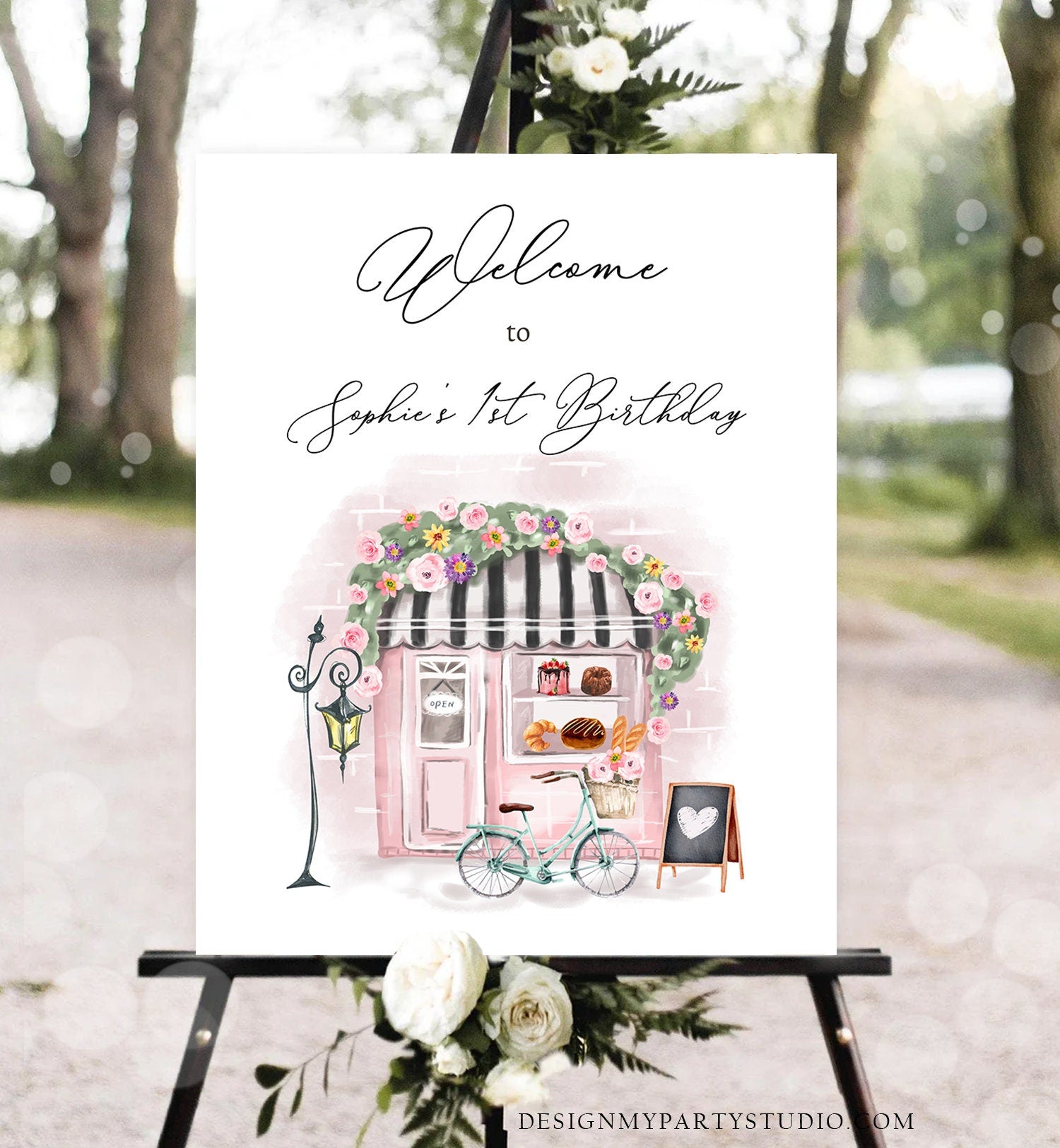 Editable French Birthday Welcome Sign Patisserie Tea Party Birthday Floral Pink France Paris Party Parisian Digital Template Printable 0441
