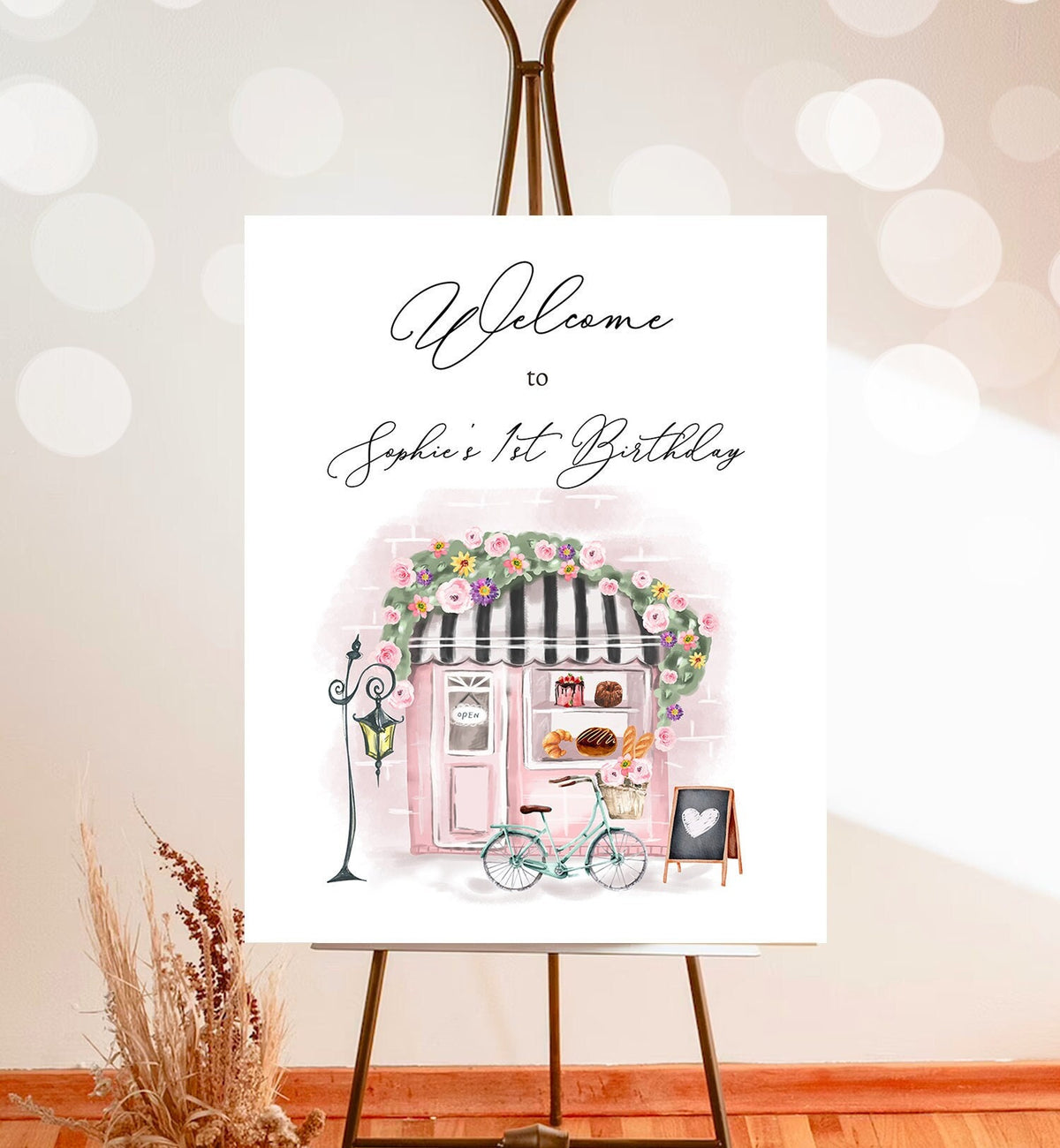 Editable French Birthday Welcome Sign Patisserie Tea Party Birthday Floral Pink France Paris Party Parisian Digital Template Printable 0441