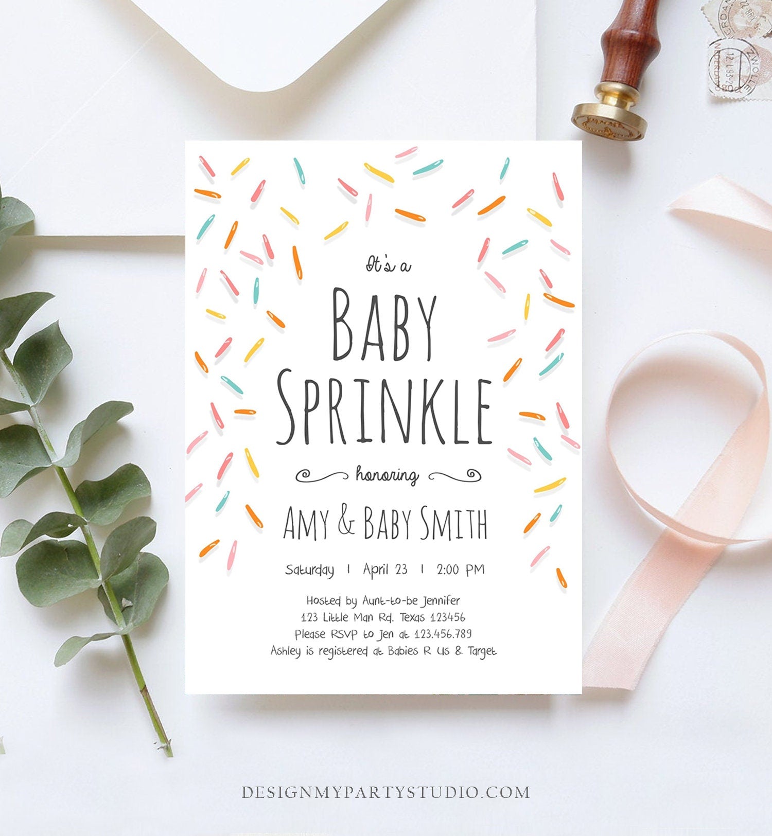 Editable Baby Sprinkle Shower Invitation Bundle Gender Neutral Sprinkles Diaper Raffle Book Card Suite Digital Corjl Template Printable 0216