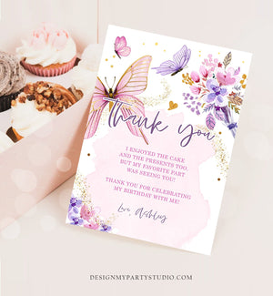 Editable Butterfly Thank You Card Girl Butterfly Kisses Thanks Baby Shower Birthday Party Floral Pink Download Printable Template Corjl 0437
