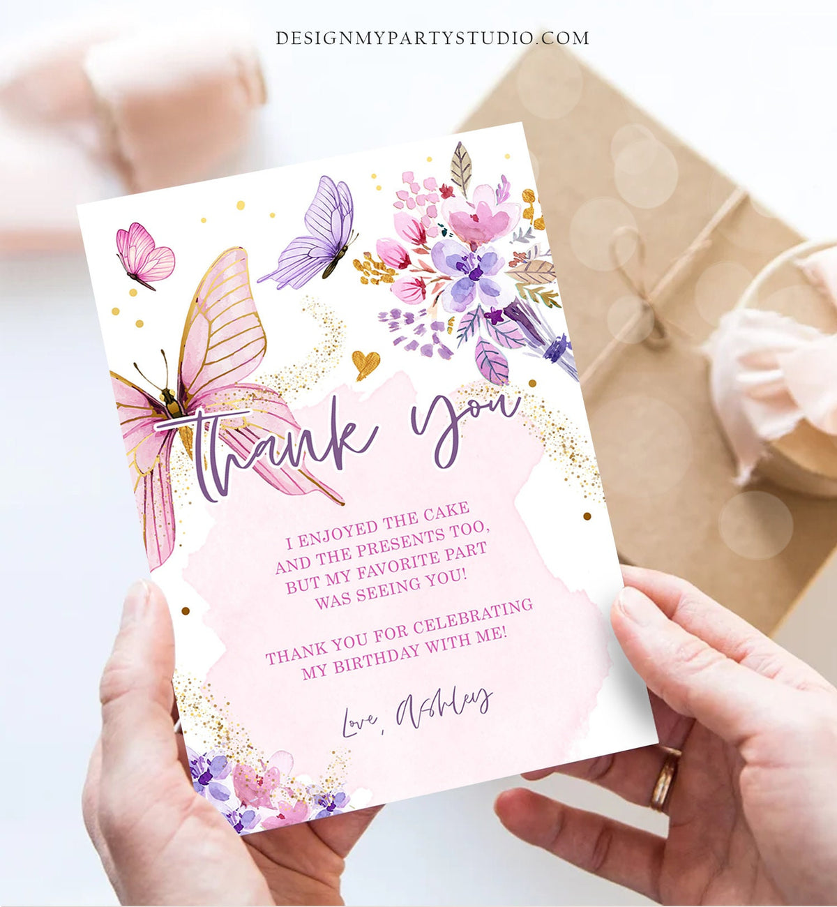 Editable Butterfly Thank You Card Girl Butterfly Kisses Thanks Baby Shower Birthday Party Floral Pink Download Printable Template Corjl 0437
