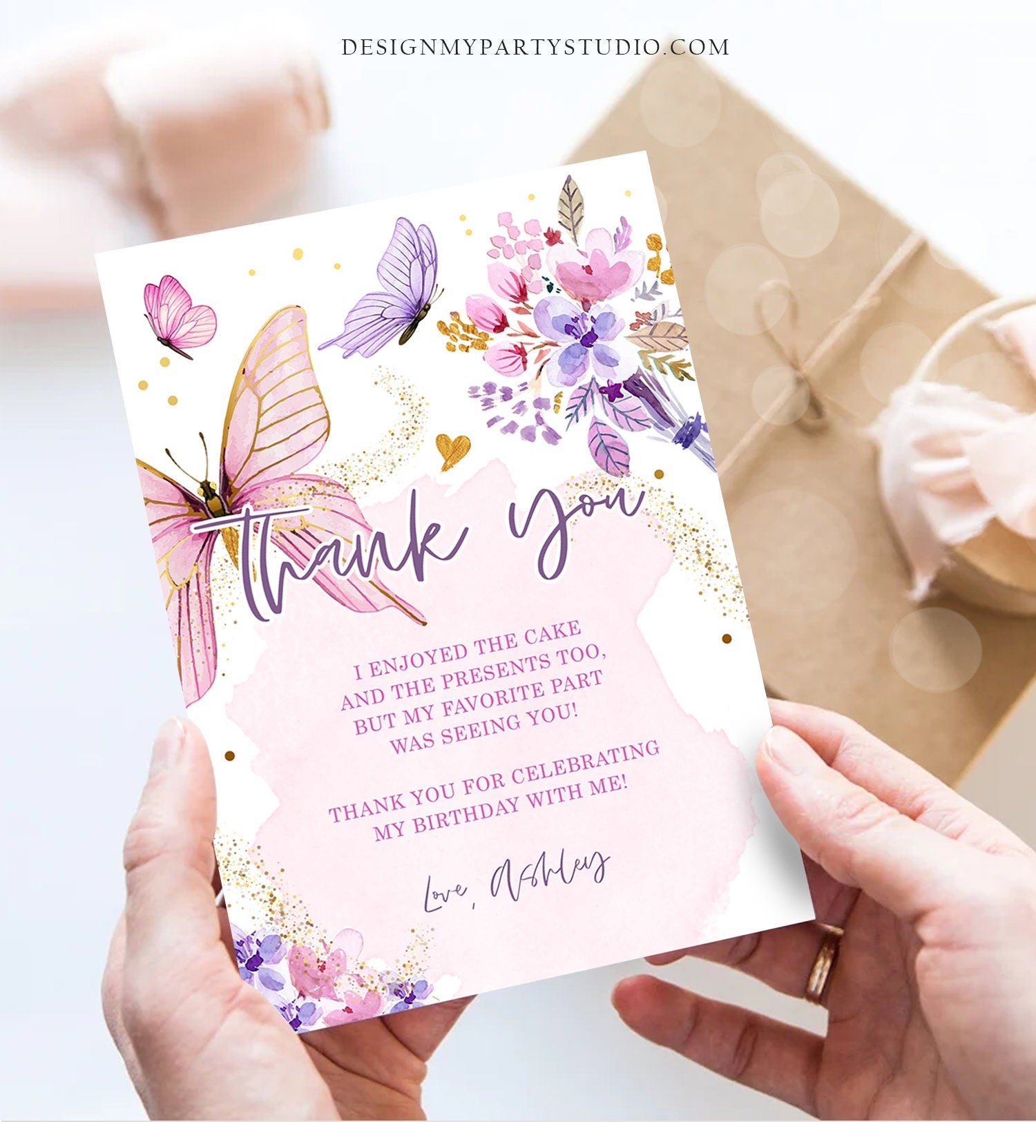Editable Butterfly Thank You Card Girl Butterfly Kisses Thanks Baby Shower Birthday Party Floral Pink Download Printable Template Corjl 0437