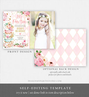 Editable Tea Party Birthday Invitation Girl Par-Tea Invite Floral Pink Whimsical Tea Photo Download Printable Template Corjl Digital 0349