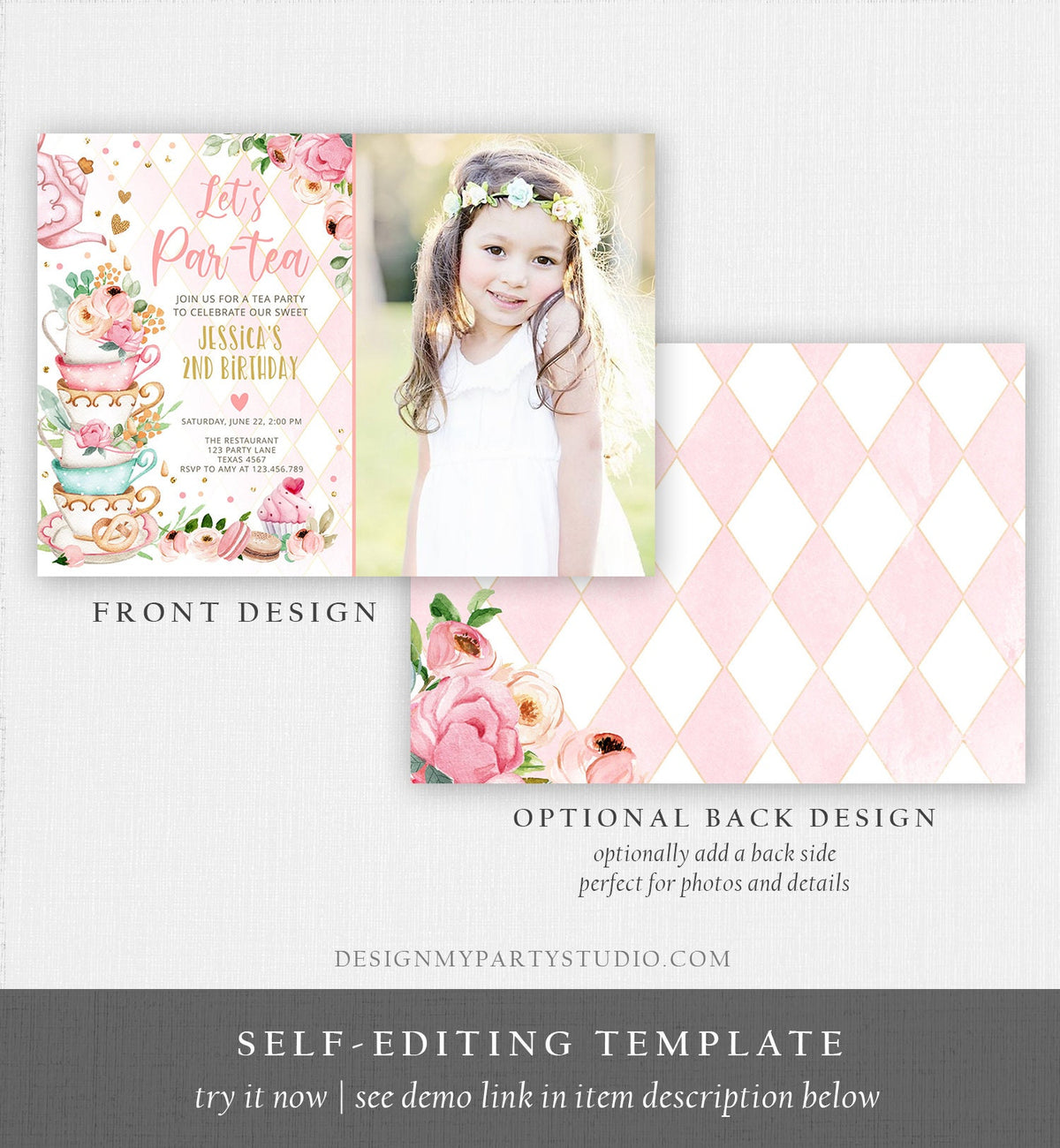 Editable Tea Party Birthday Invitation Girl Par-Tea Invite Floral Pink Whimsical Tea Photo Download Printable Template Corjl Digital 0349