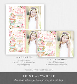 Editable Tea Party Birthday Invitation Girl Par-Tea Invite Floral Pink Whimsical Tea Photo Download Printable Template Corjl Digital 0349
