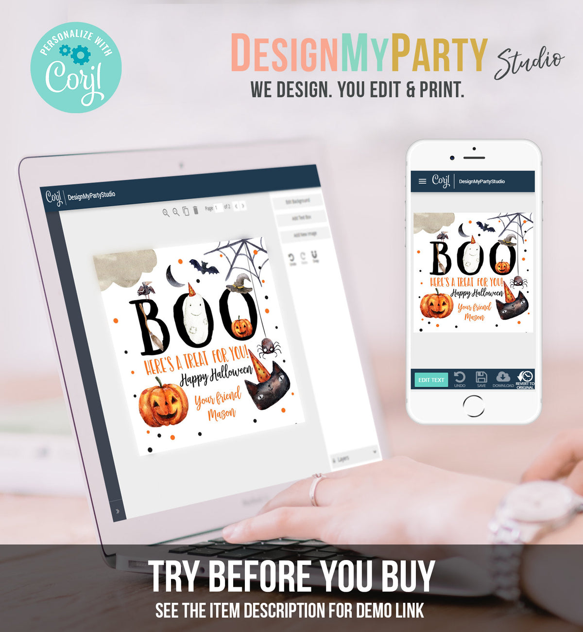 Editable Halloween Favor Tags Boo Gift Tags Costume Party Trick Or Treat Sticker Round Birthday Party Download Printable Template Corjl 0261