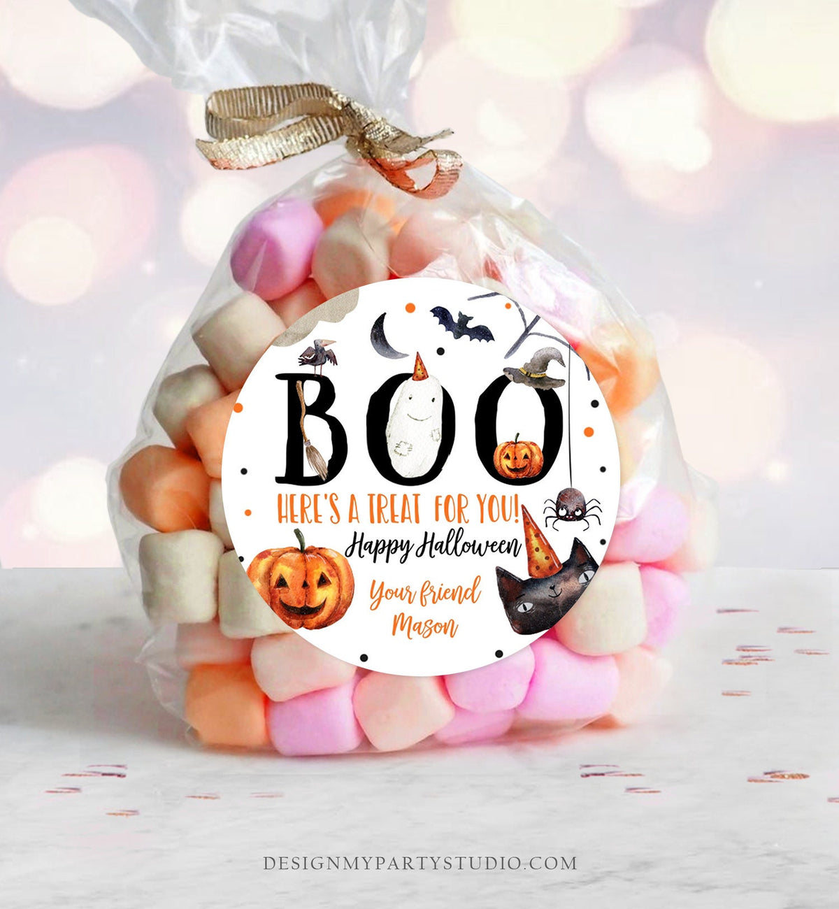 Editable Halloween Favor Tags Boo Gift Tags Costume Party Trick Or Treat Sticker Round Birthday Party Download Printable Template Corjl 0261