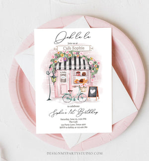 Editable Paris Birthday Invitation Girl Tea Party Invite Pink Floral French Parisian Cafe Patisserie Printable Template Corjl Digital 0441
